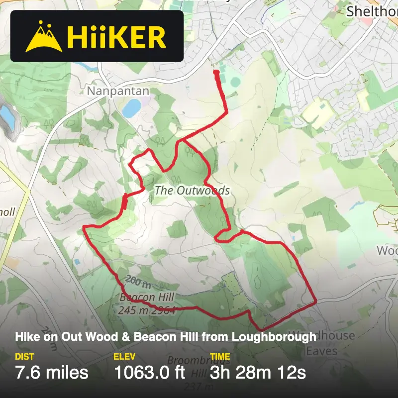 A map preview of the recording Hike on Out Wood & Beacon Hill from Loughborough.