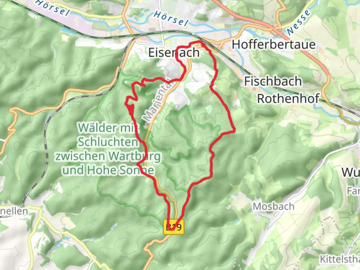 An image depicting the trail Eisenach and Drachenschlucht Loop and its surrounding area.