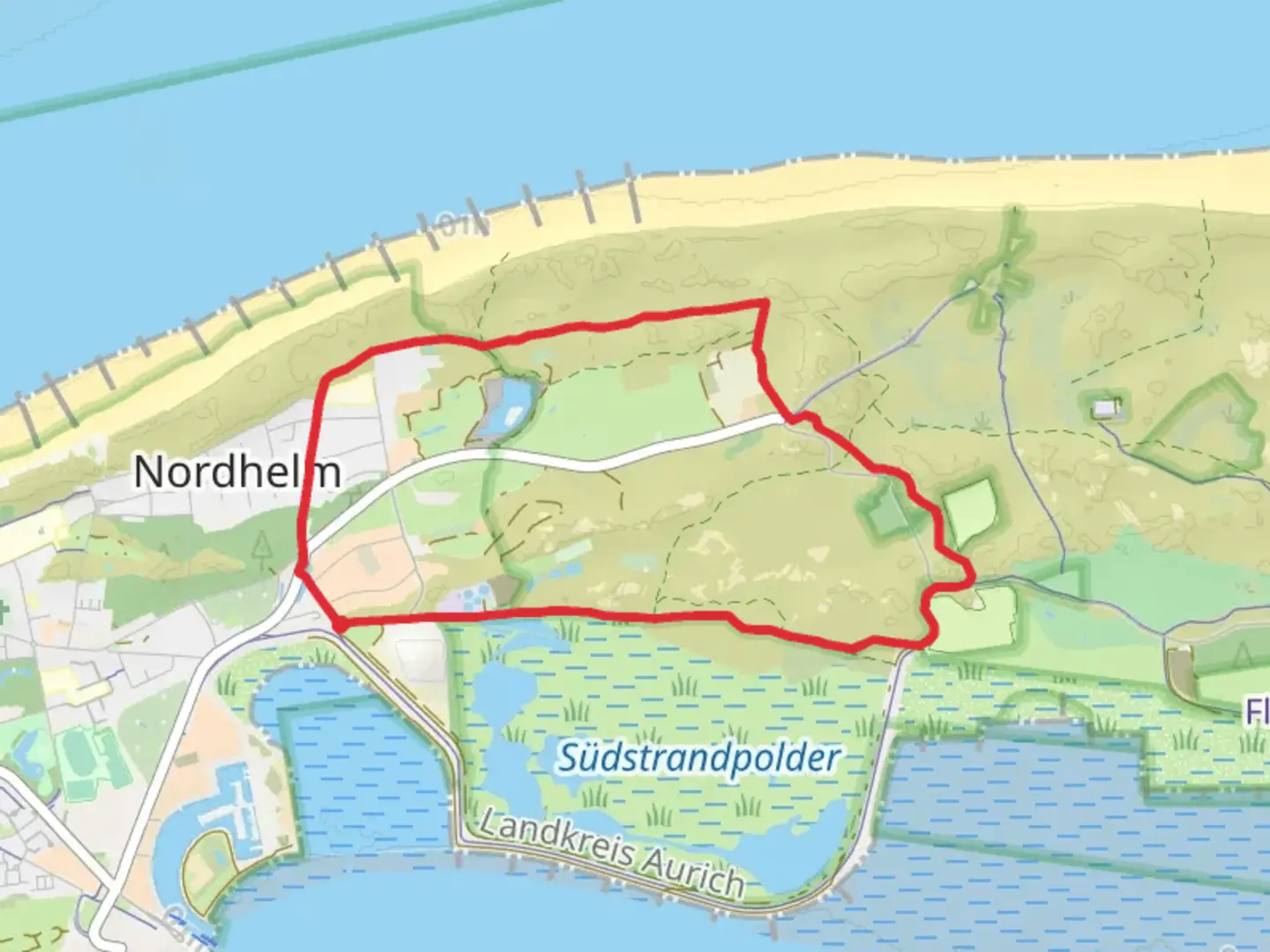 An image depicting the trail Thalasso-Plattform Duenenweg and its surrounding area.