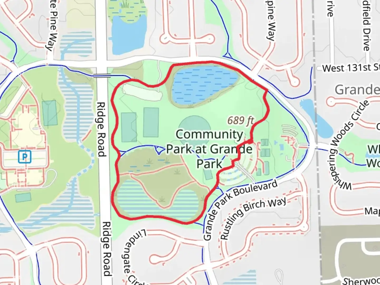 An image depicting the trail Community Park at Grande Park Loop and its surrounding area.