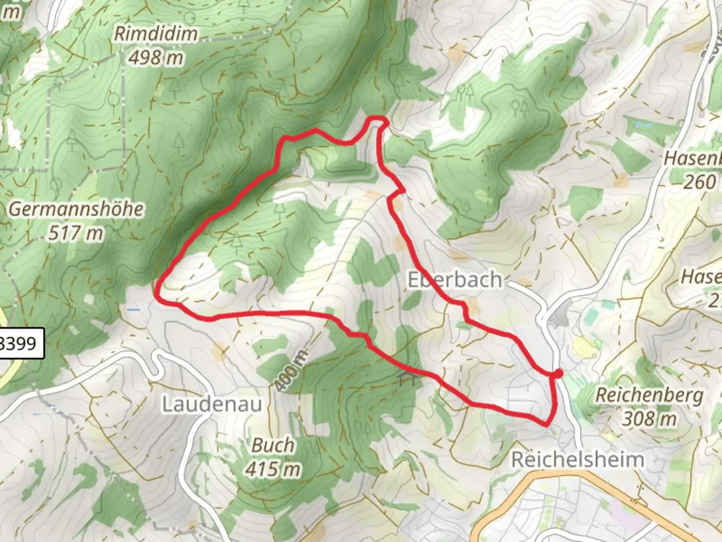 An image depicting the trail Rundwanderweg Laudenau 1 and Eberbach Loop and its surrounding area.