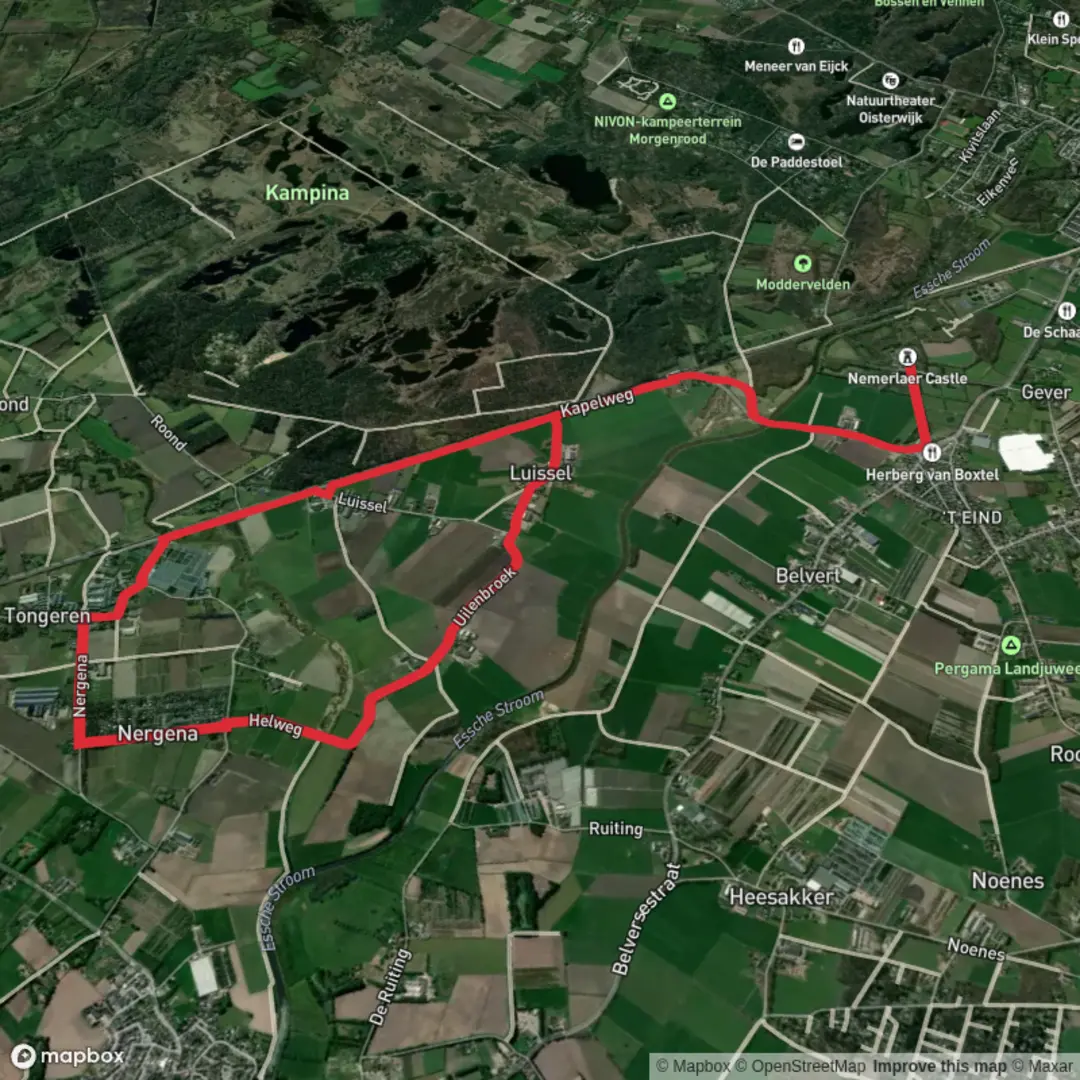 An image depicting the trail Kasteel Nemerlaer and Heesemanshoeve via Uilenbroek and Kapel Weg and its surrounding area.