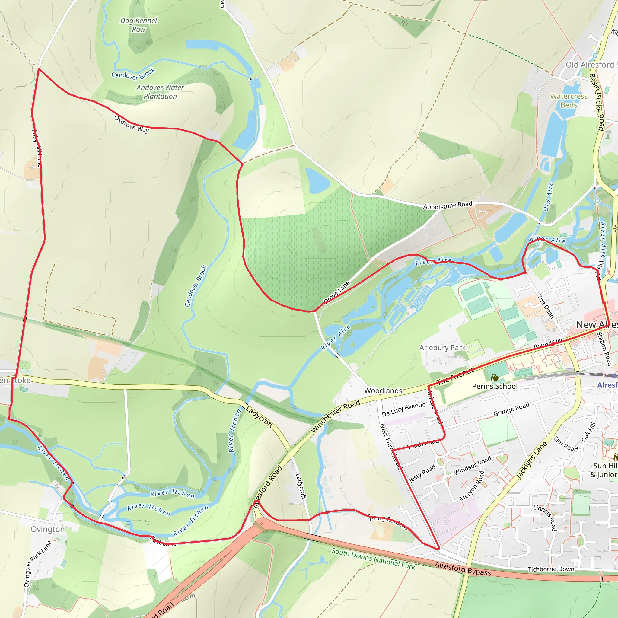 New Alresford and Itchen Stoke Loop via New Alresford Memorial park mobile static map