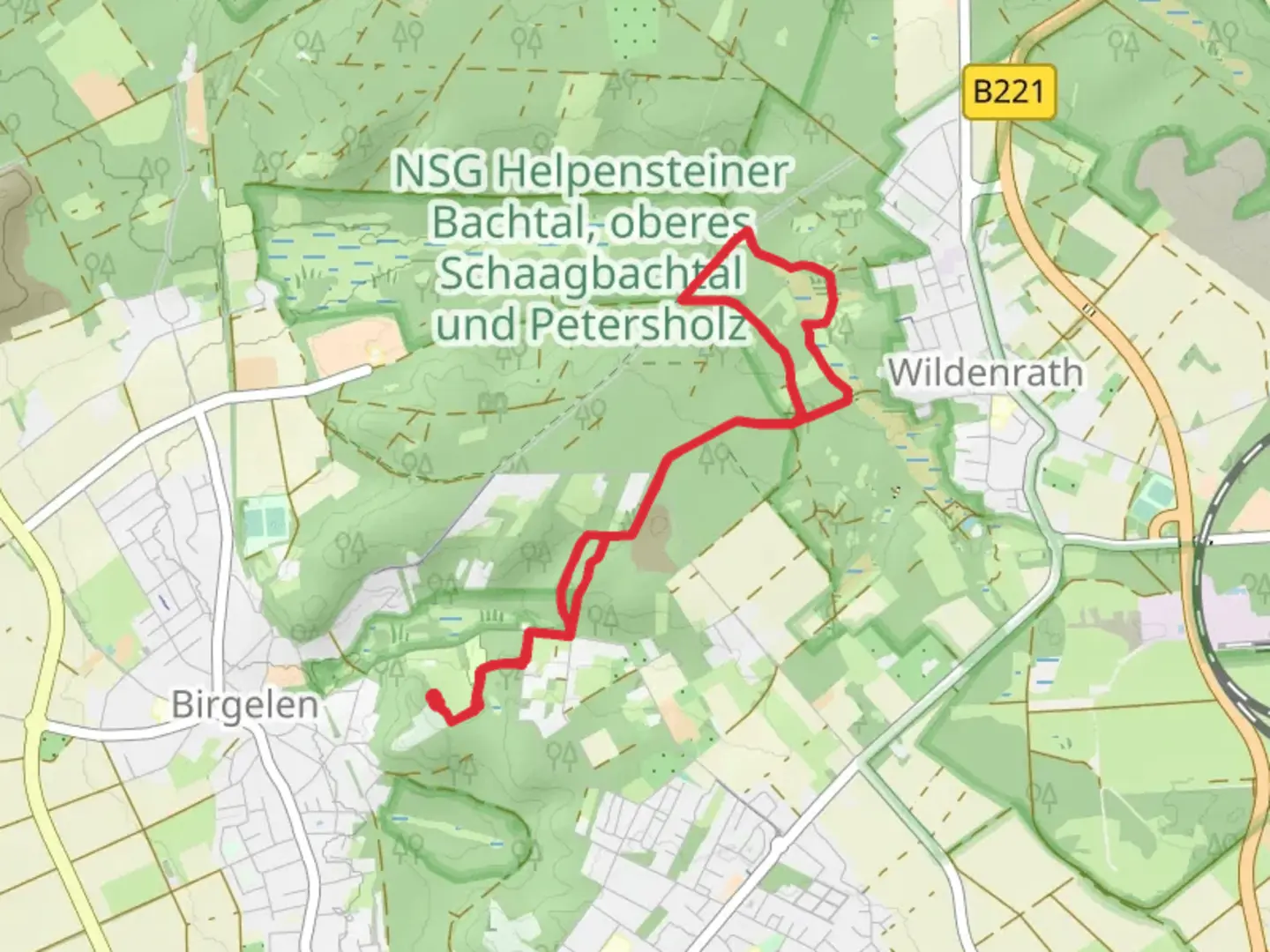 An image depicting the trail Birgeler Urwald and Maas Niederrheinpad K Loop and its surrounding area.