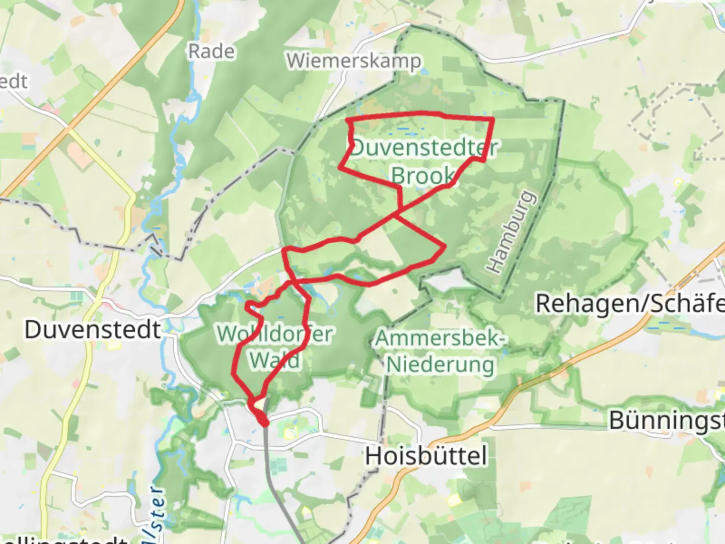 An image depicting the trail Wohldorfer Wald and Duvenstedter Brook Loop and its surrounding area.