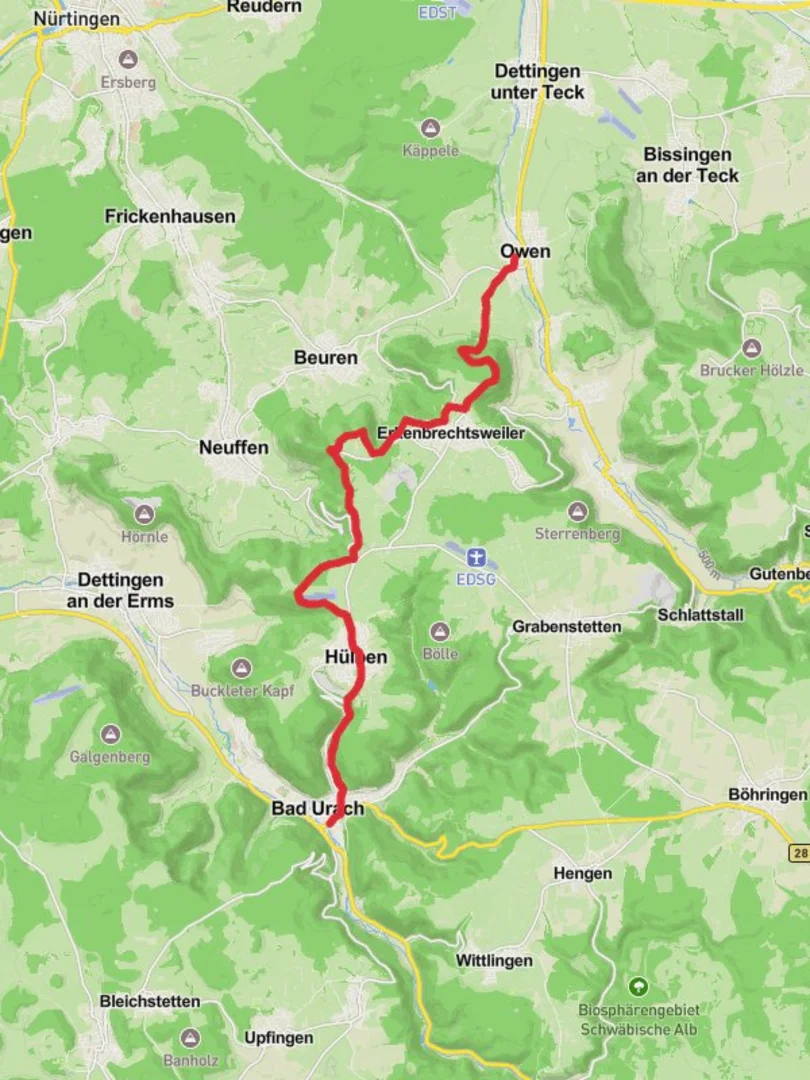 An image depicting the trail Owen to Bad Urach Walk and its surrounding area.