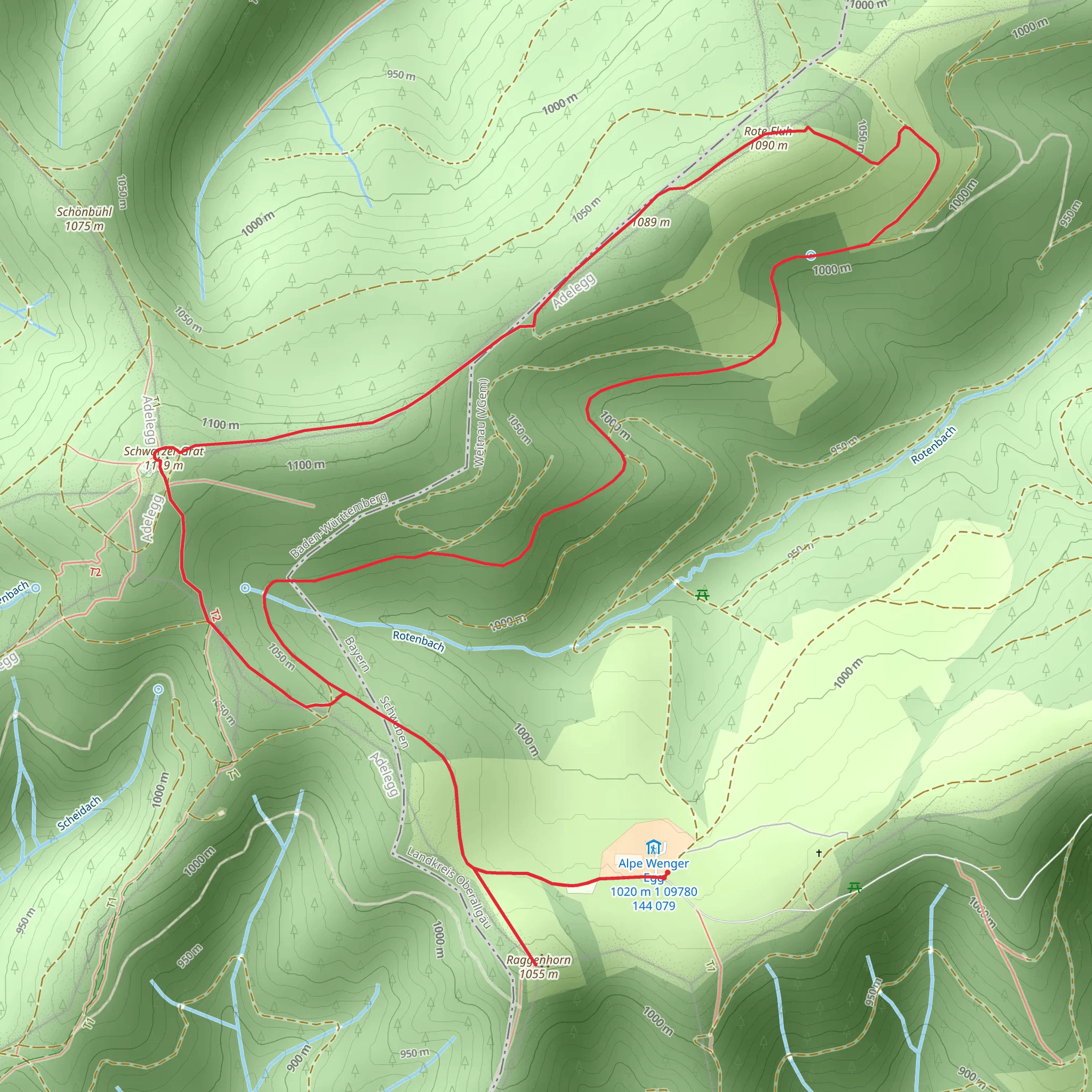 Raggenhorn, Schwarzer-Grat-Turm and Rote Fluh Loop via Adelegg Wandergebiet mobile static map