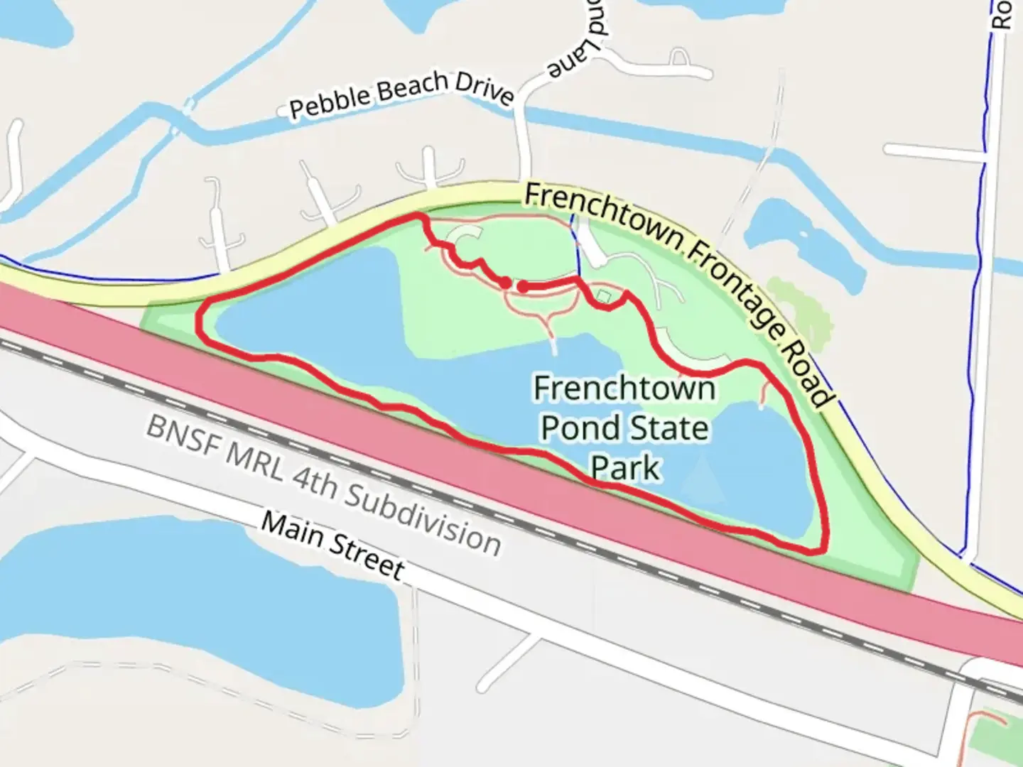 An image depicting the trail Frenchtown Pond and State Park Loop and its surrounding area.