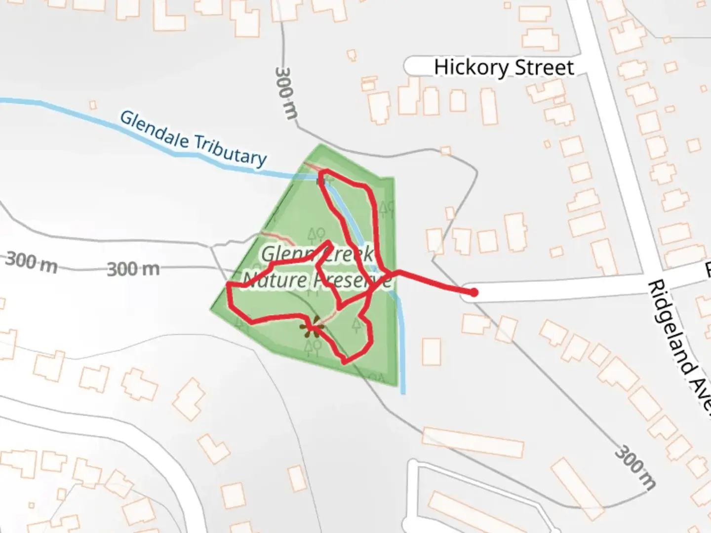 An image depicting the trail Glenn Creek Nature Preserve Loop and its surrounding area.