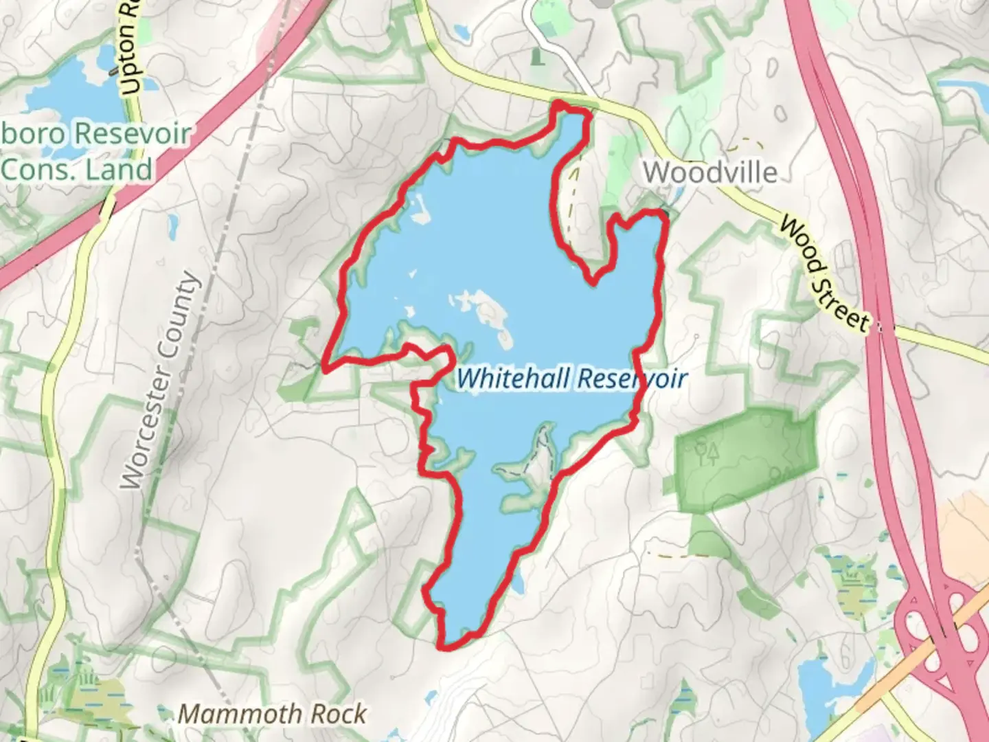 An image depicting the trail Whitehall Reservoir Loop via Whitehall Yellow Trail and its surrounding area.