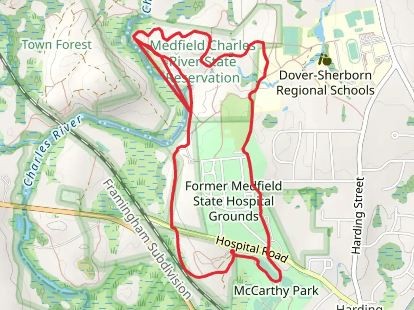 An image depicting the trail Former Medfield State Hospital Grounds Loop Trail and its surrounding area.