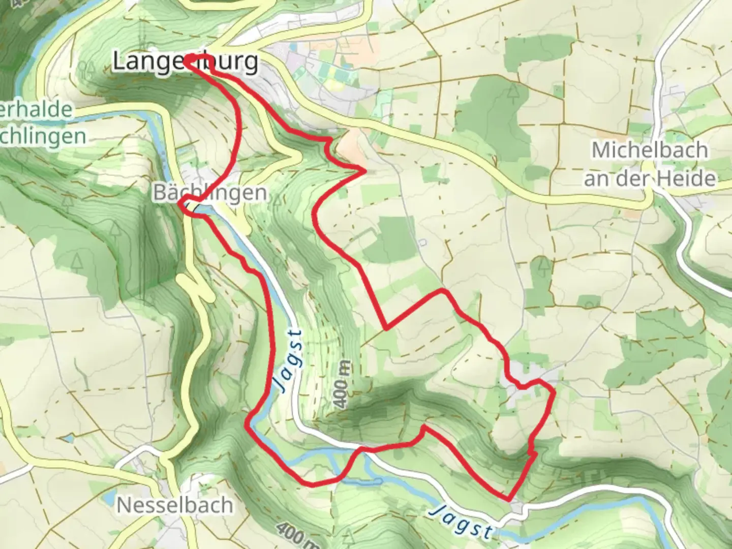 An image depicting the trail Jagst via Main Neckar Rhein Weg and Unterer Taeschlesweg and its surrounding area.