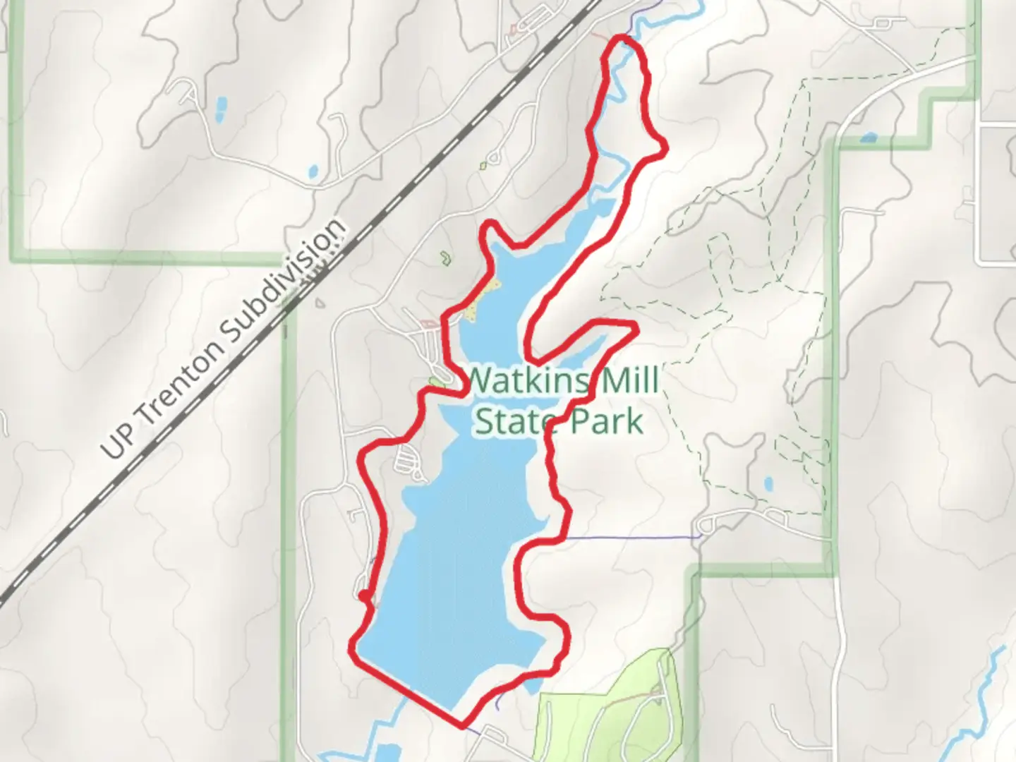 An image depicting the trail Watkins Mill Lake Loop and its surrounding area.