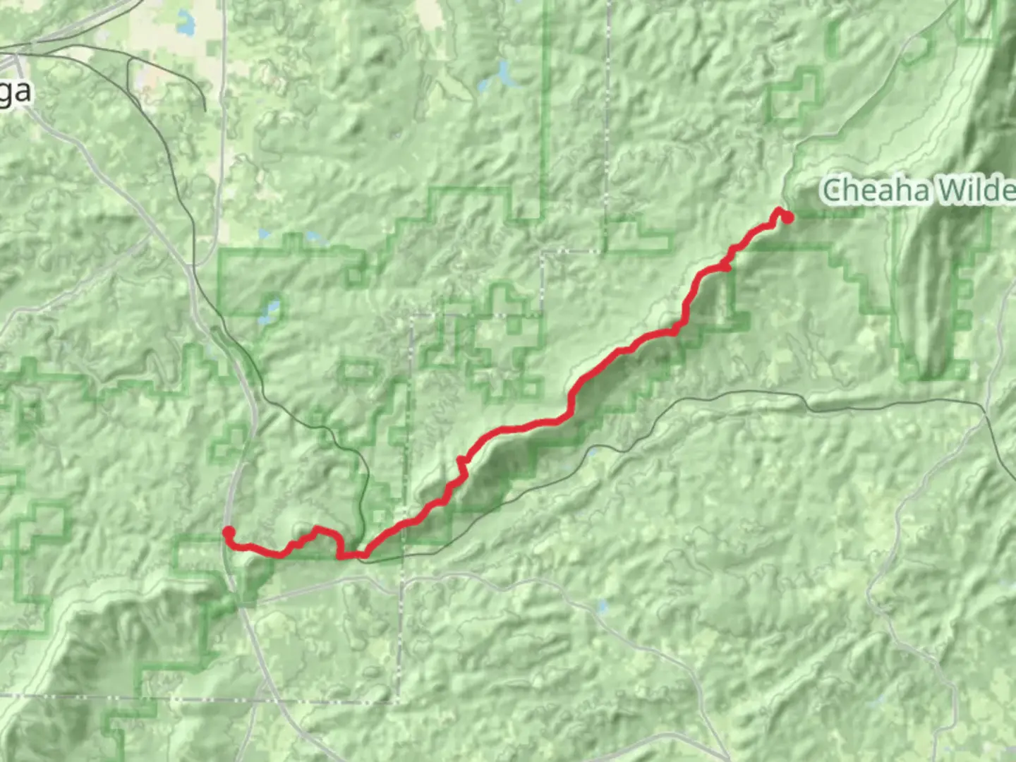 An image depicting the trail Burgess Point and Adams Gap via Pinhoti Trail and its surrounding area.