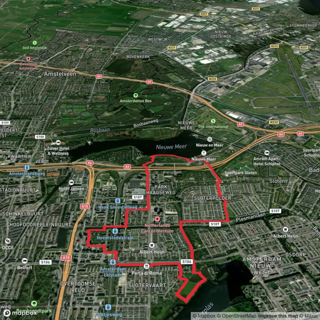 An image depicting the trail Sloterplas, Nieuwe Meer and De Oeverlanden Loop and its surrounding area.