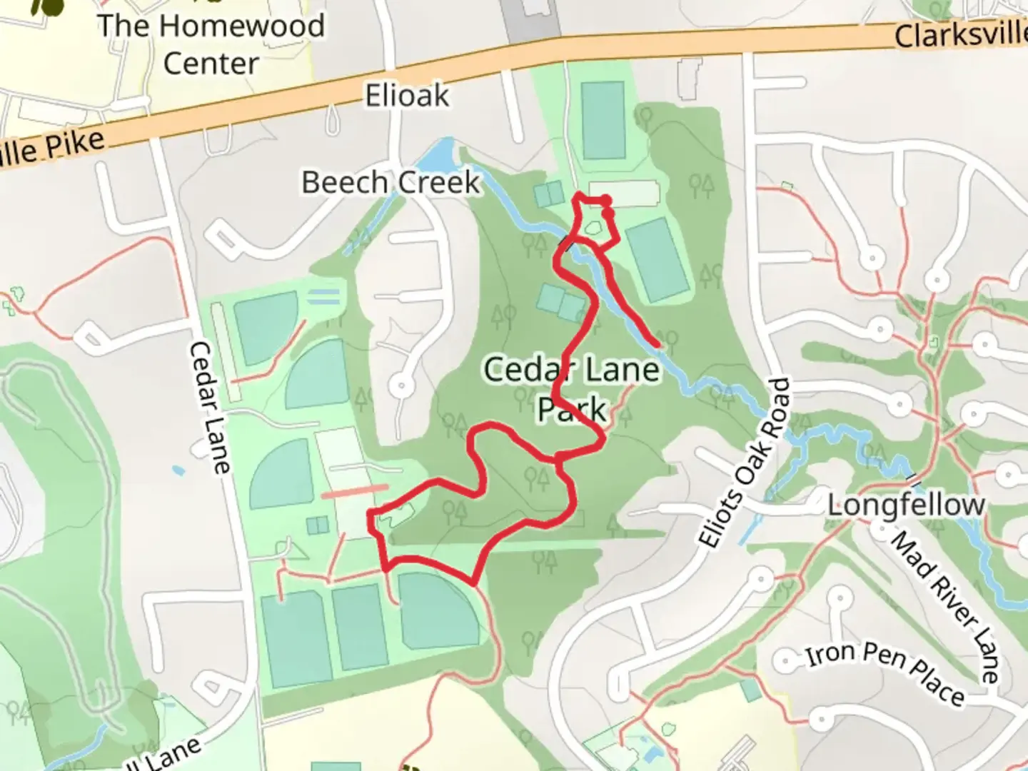 An image depicting the trail Cedar Lane Park Loop and its surrounding area.