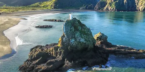An image depicting the trail Whatipu Beach and its surrounding area.