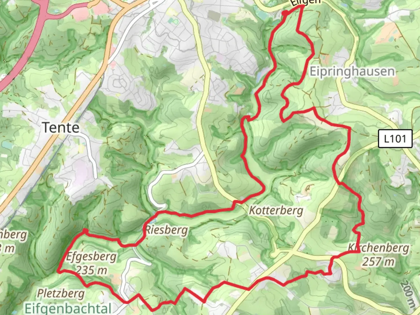 An image depicting the trail Epringhausen and Efgesberg Loop and its surrounding area.