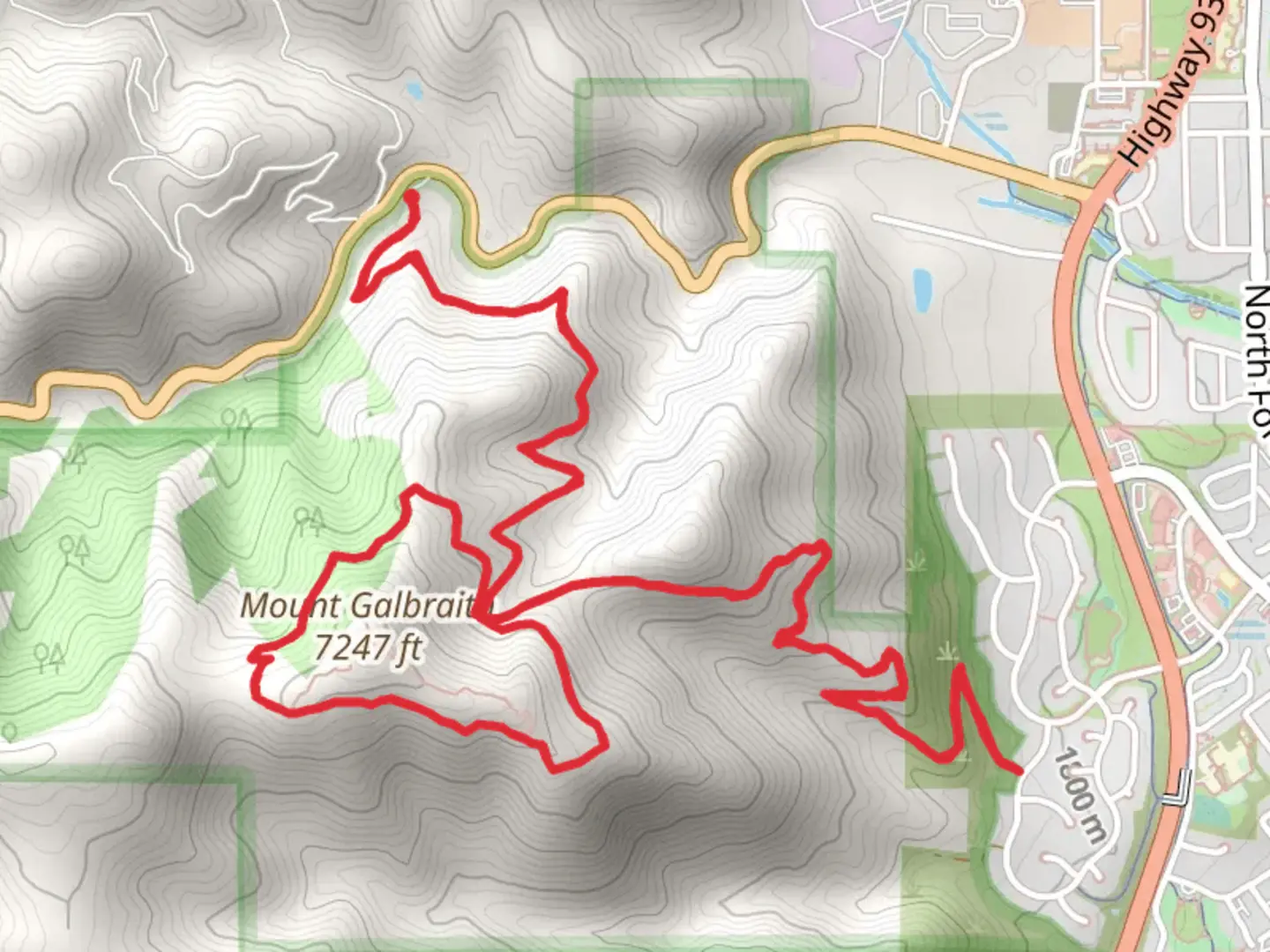 An image depicting the trail Cedar Gulch, Mount Galbraith Loop and Nightbird Gulch Trail and its surrounding area.