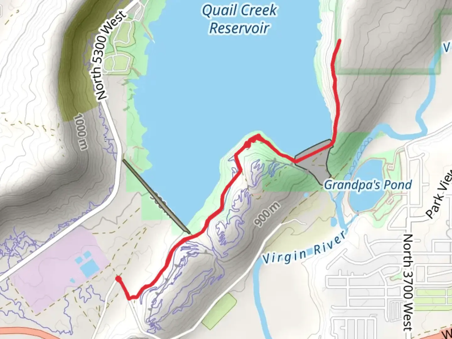 An image depicting the trail Quail Creek Reservoir via Lakeside East and its surrounding area.