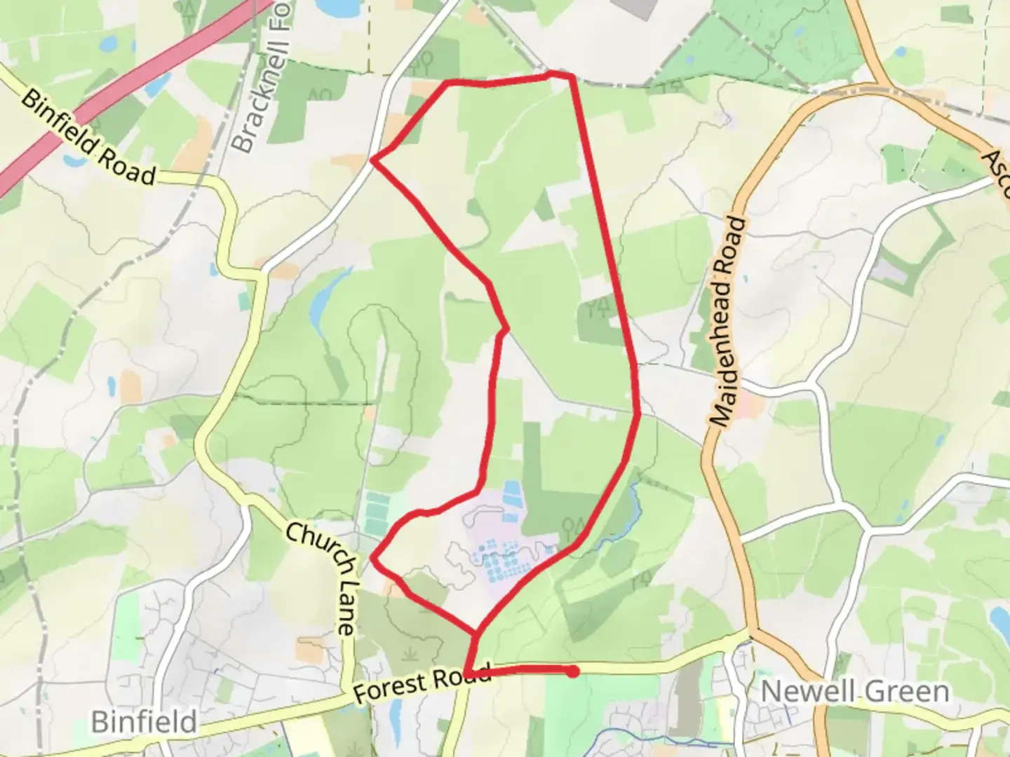 An image depicting the trail Hazelwood Copse and Binfield Park Loop and its surrounding area.