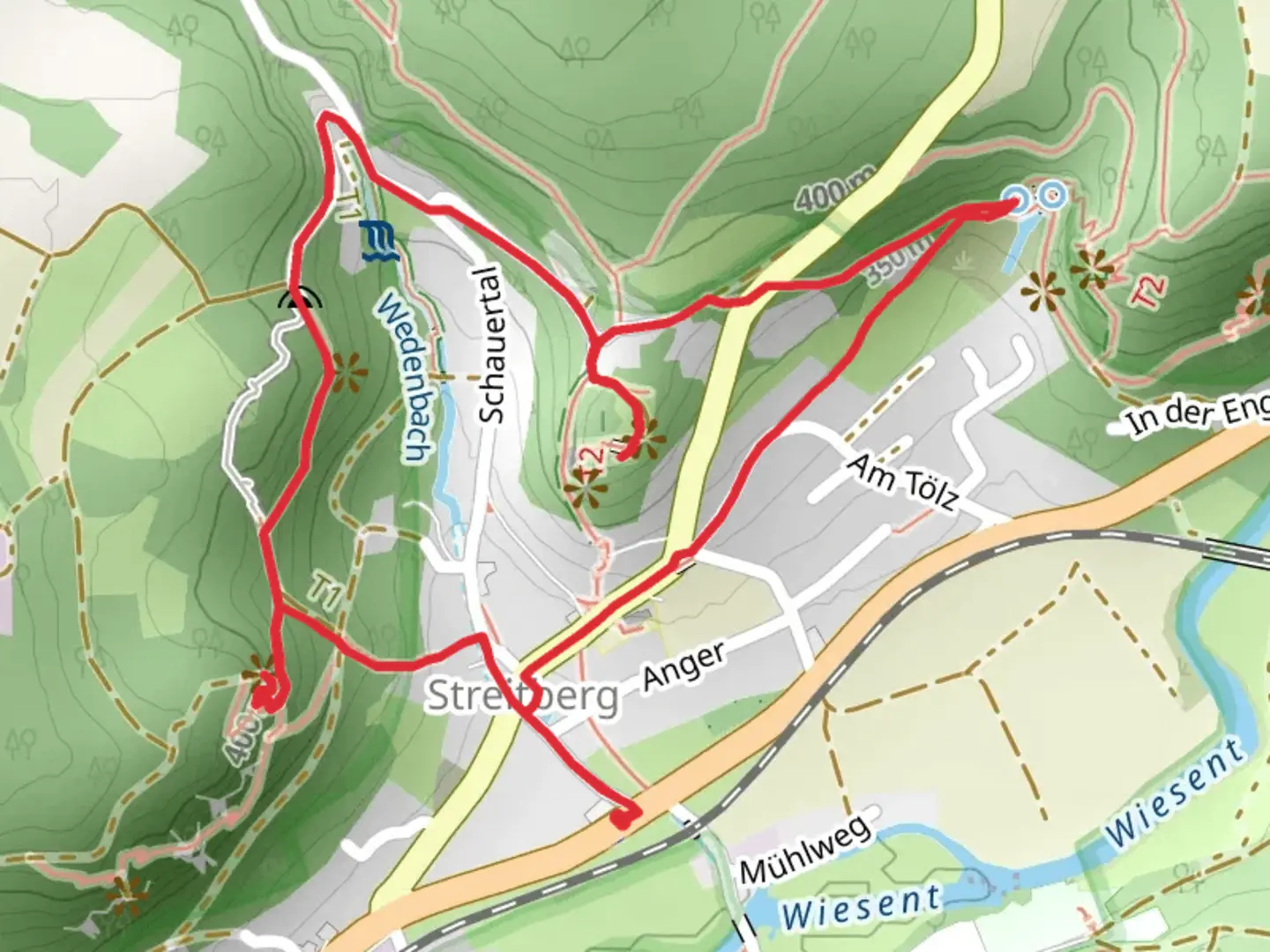 An image depicting the trail Streitburg, Binghoehle and Prinz-Rupprecht-Pavillon via Oberjaugermarter and its surrounding area.