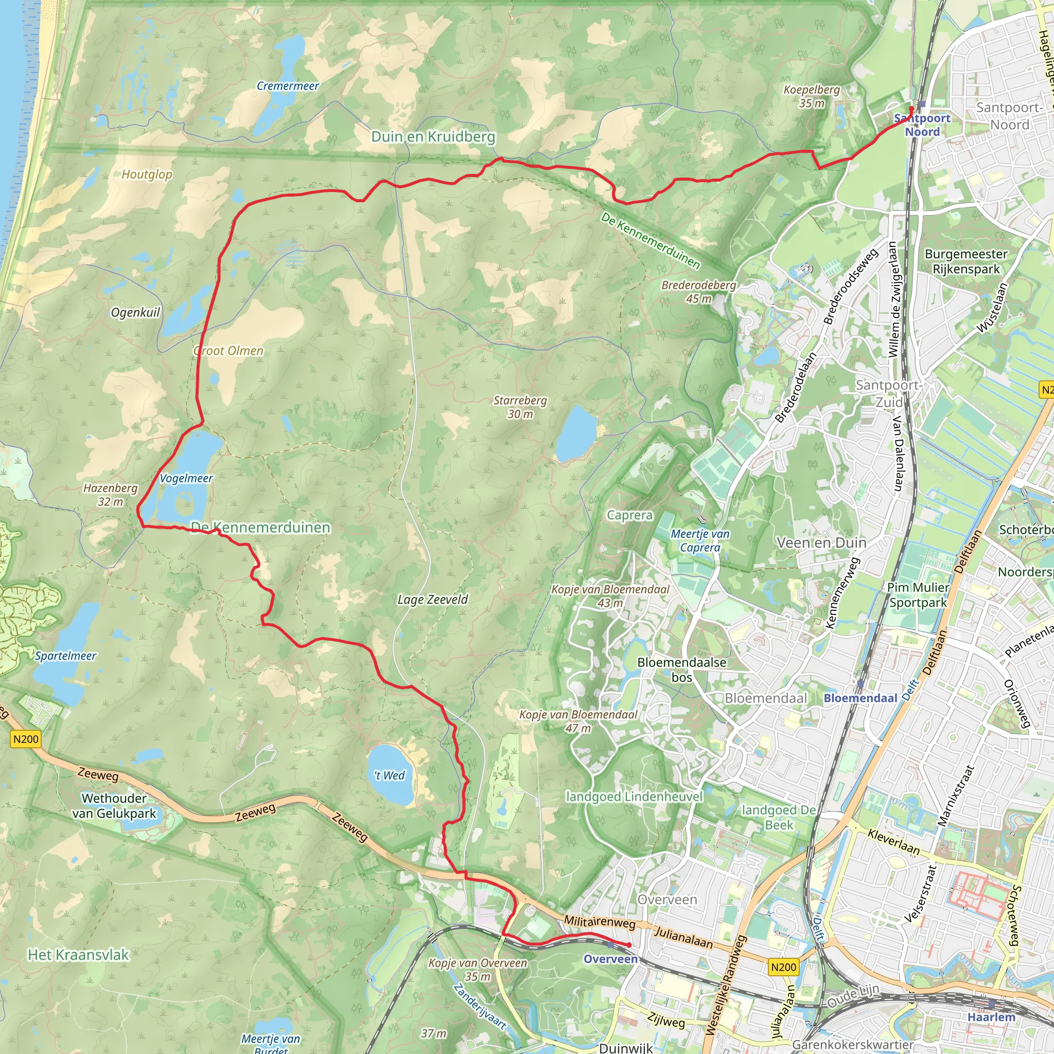 Santpoort Noord to Overveen via Groot Doornen and Vogelmeer mobile static map