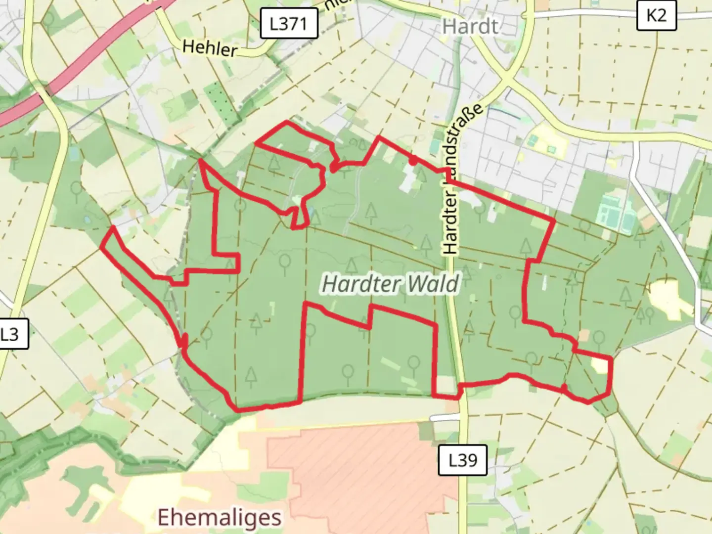 An image depicting the trail Rundweg A1, A3 and Hardter Wald 2 and its surrounding area.