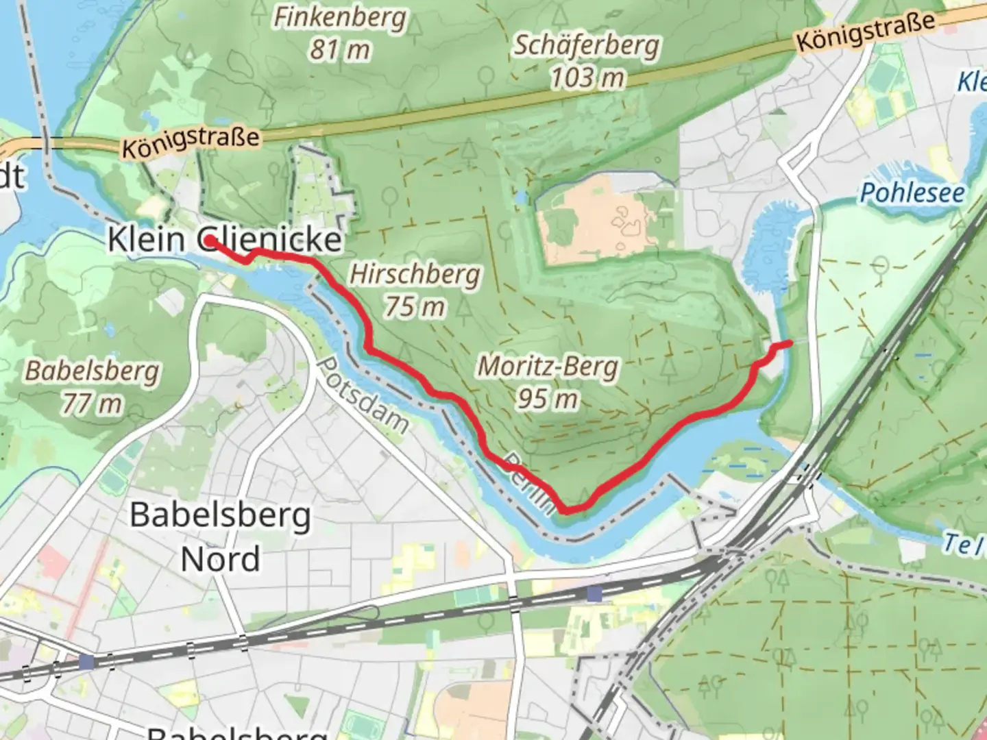 An image depicting the trail Teltowkanal via Wannseeweg and its surrounding area.