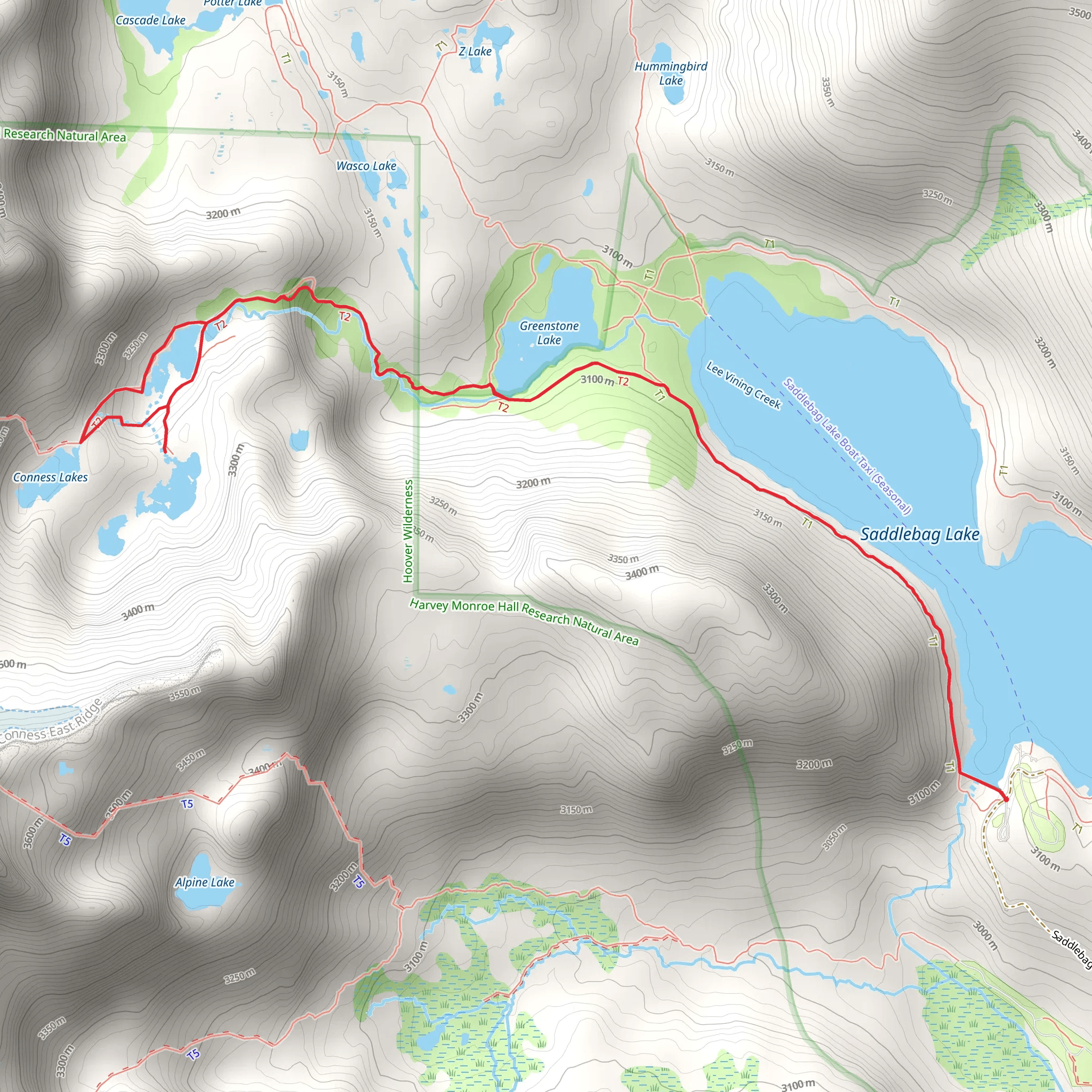 Conness Lakes via Saddlebag Lake Trail mobile static map