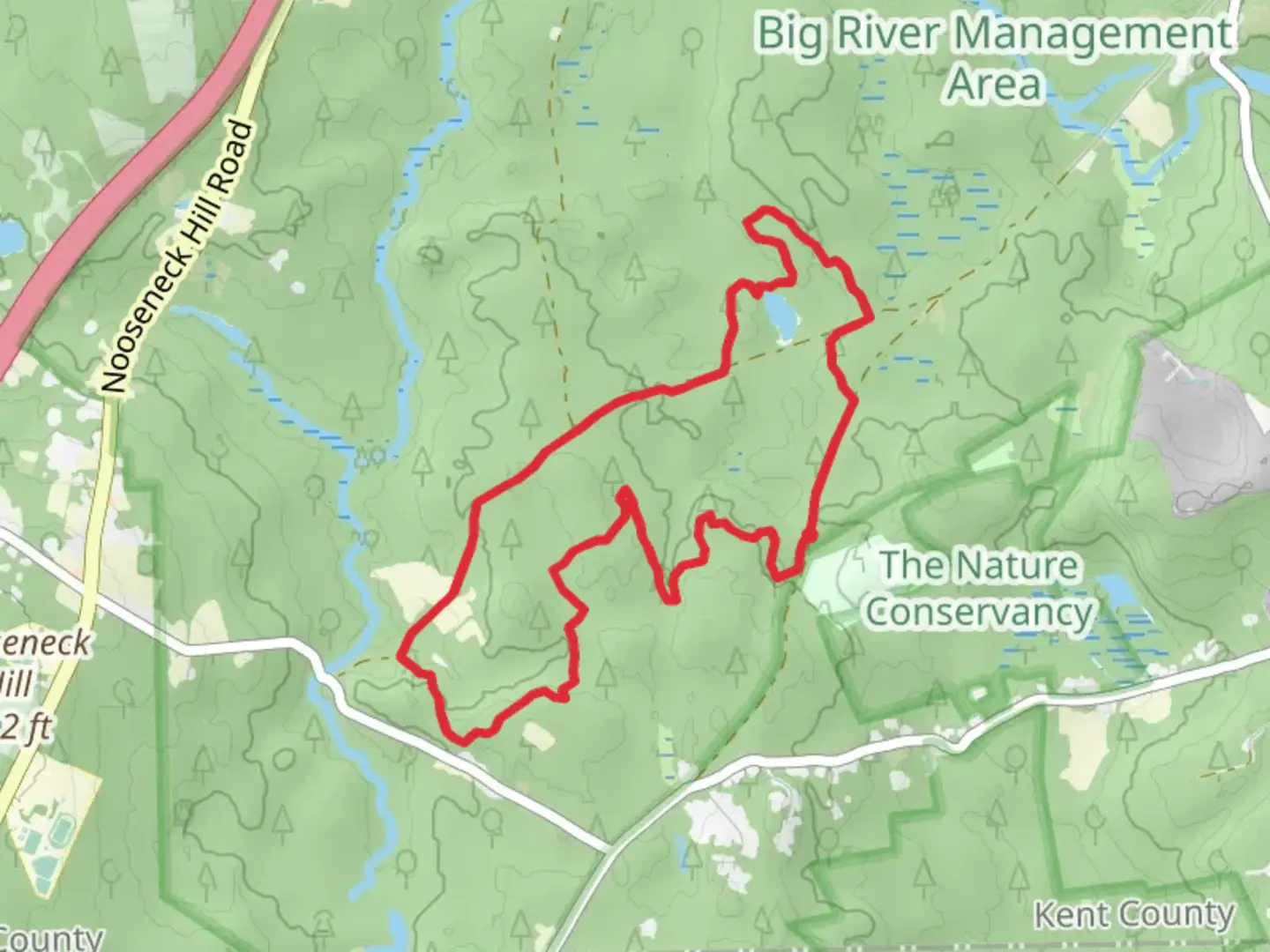 An image depicting the trail New London Turnpike, Cat Burglar and Fisher Cat Loop and its surrounding area.