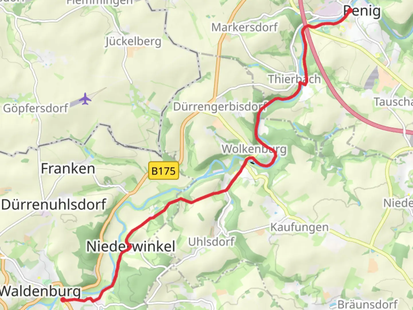 An image depicting the trail Waldenburg to Penig via Muldentalweg and Zinnberger Straße and its surrounding area.
