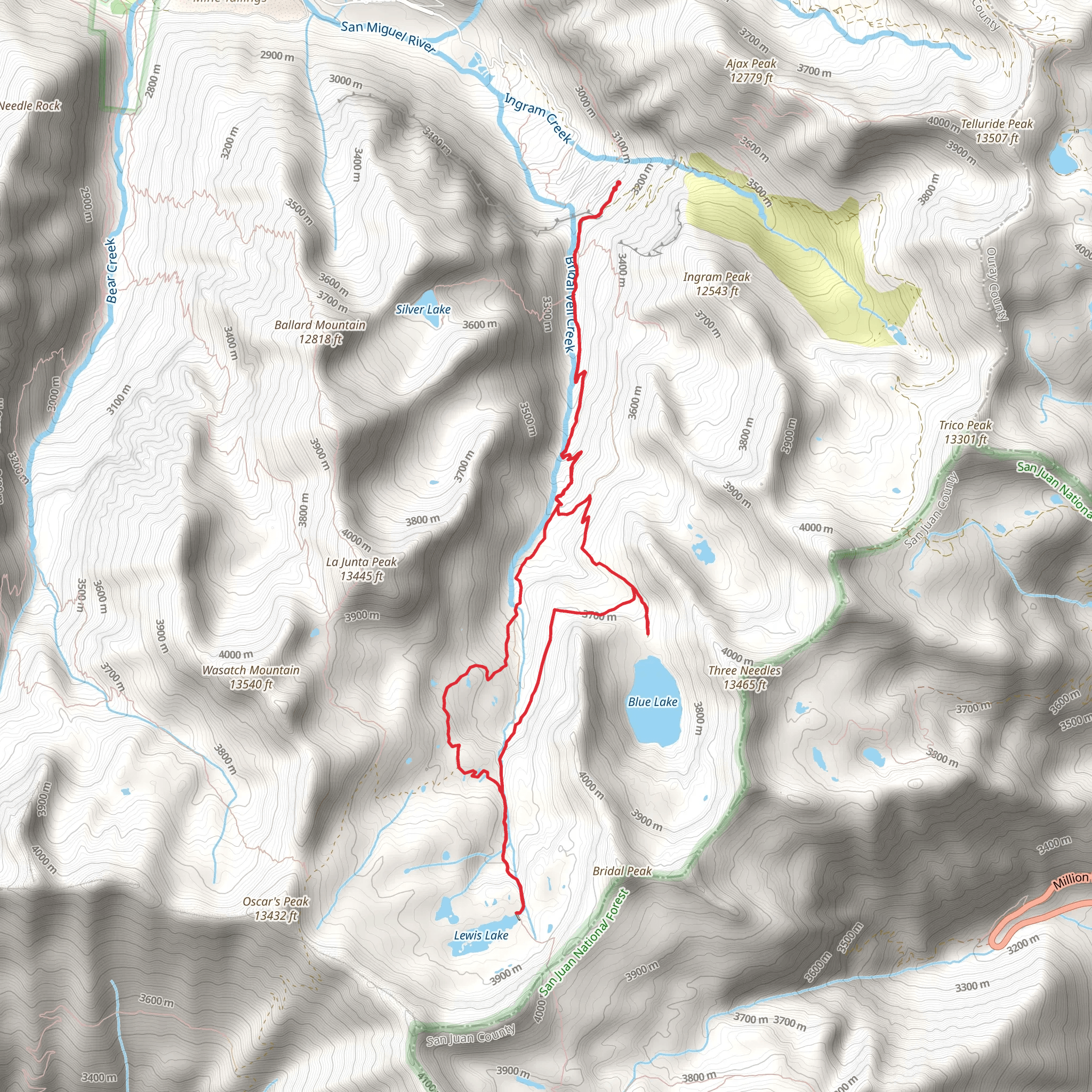 Bridal Veil, Lewis Lake and Blue Lake Loop Trail mobile static map