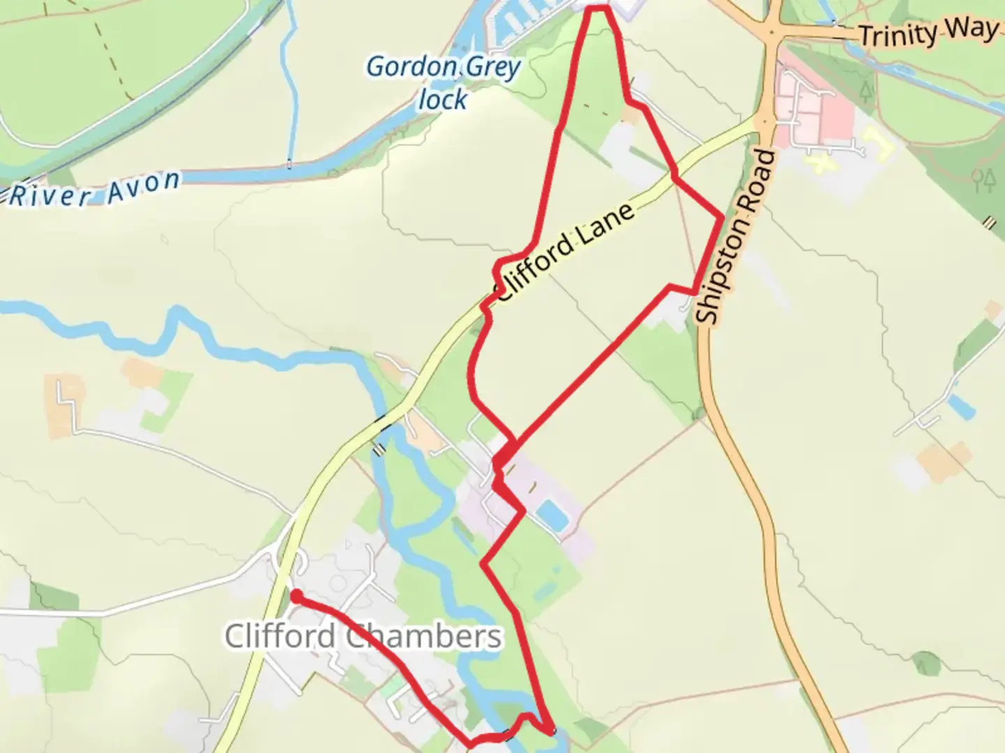 An image depicting the trail Shakespeare Marina via Shakespeare's Way and its surrounding area.