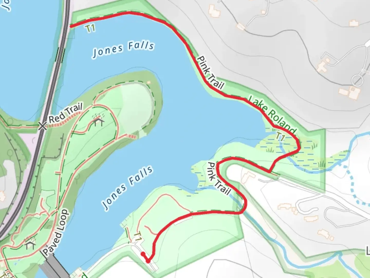 An image depicting the trail Jones Falls - Pink Trail and its surrounding area.