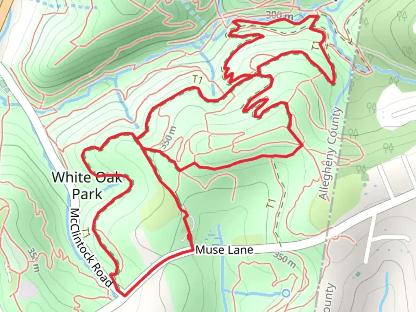An image depicting the trail White Oak Park East Loop Trail and its surrounding area.