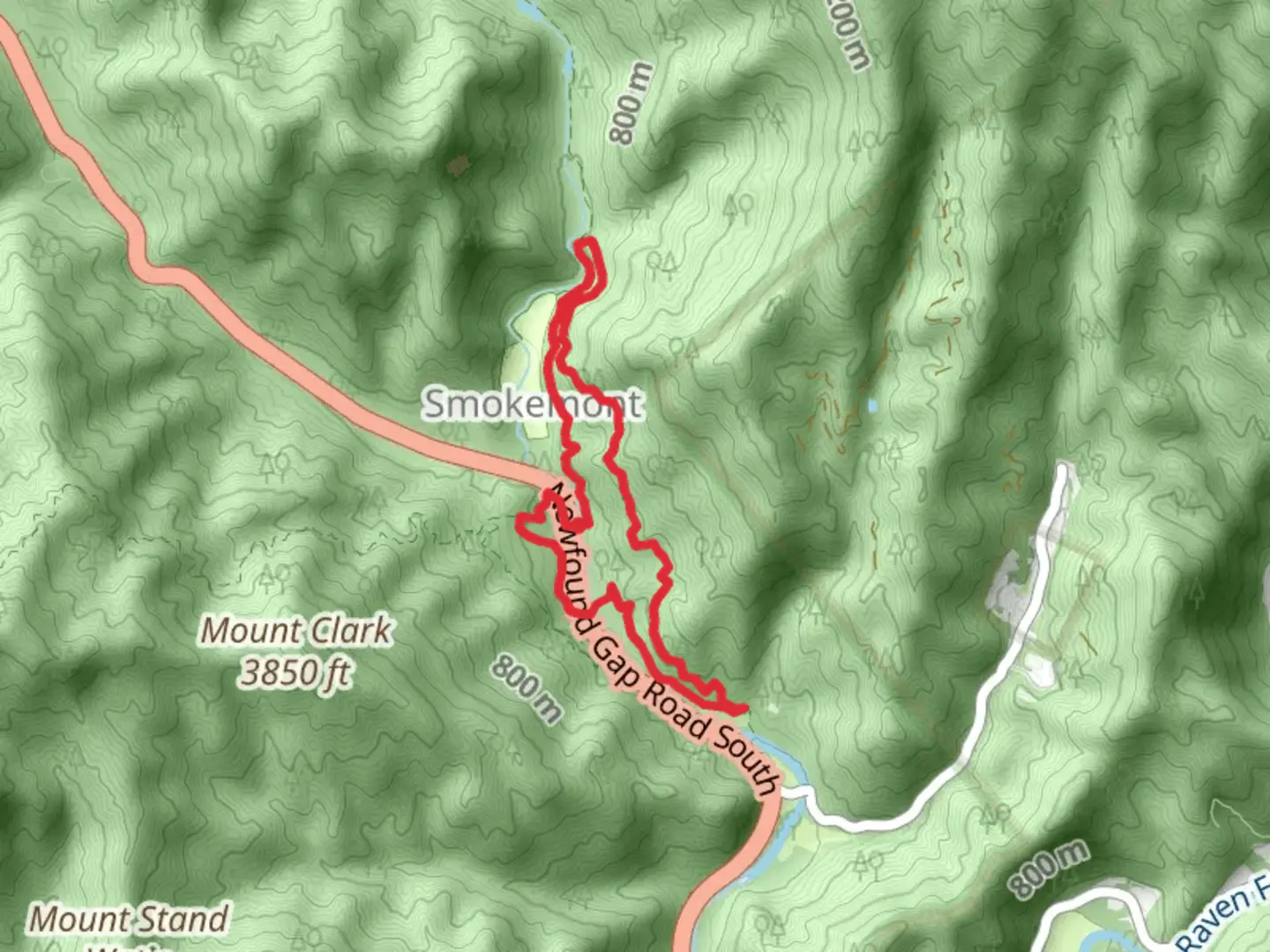An image depicting the trail Smokemont Stables, Tow String and Newton Bald Concession Loop Trail and its surrounding area.