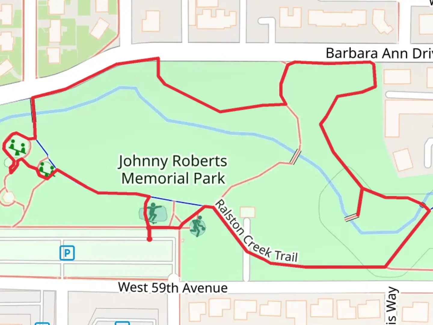 An image depicting the trail Johnny Roberts Memorial Park Loop - East and its surrounding area.