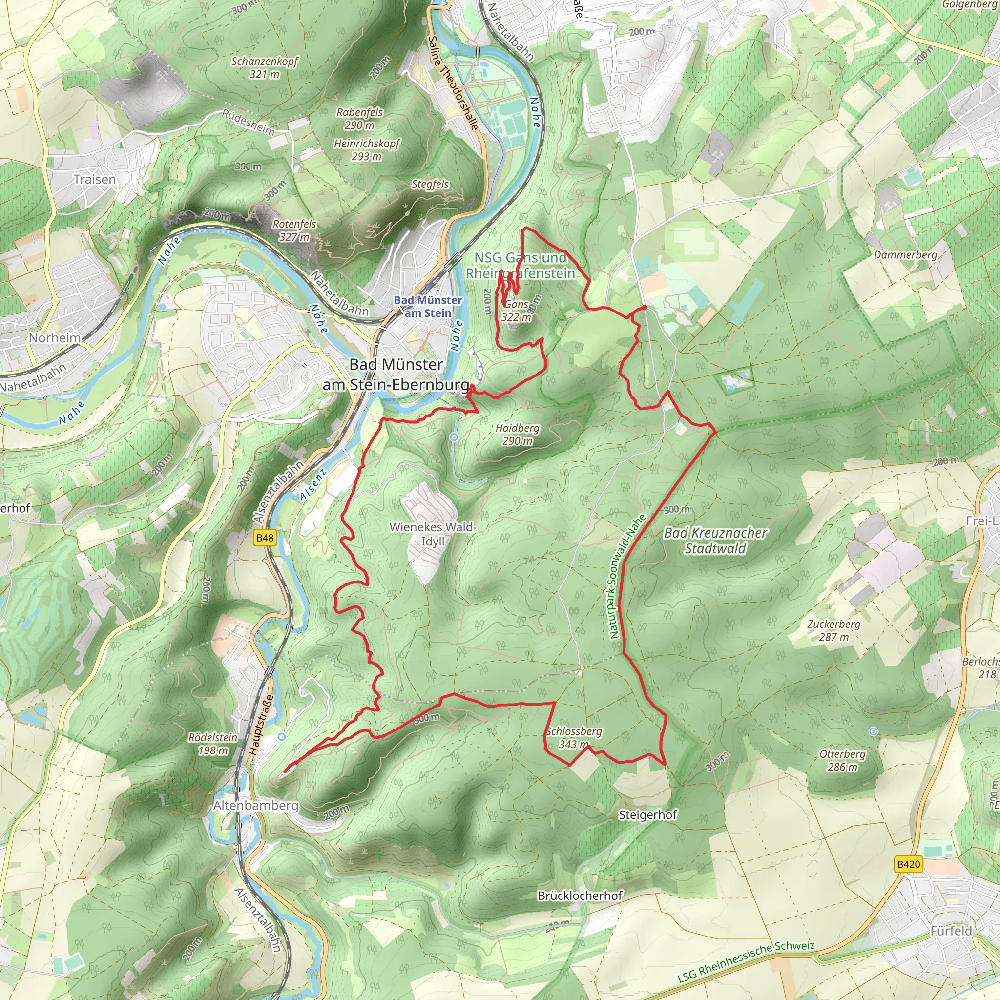Bad Kreuznacher Stadtwald and NSG Gans und Rheingrafenstein Loop mobile static map
