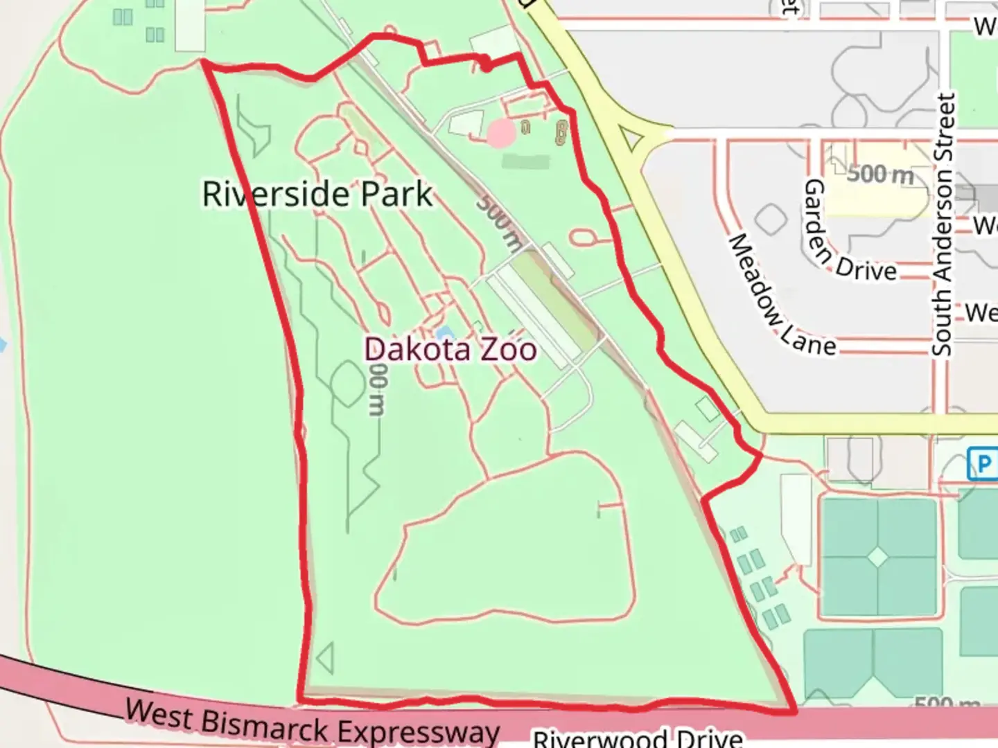 An image depicting the trail Riverside Park and Dakota Zoo Loop and its surrounding area.