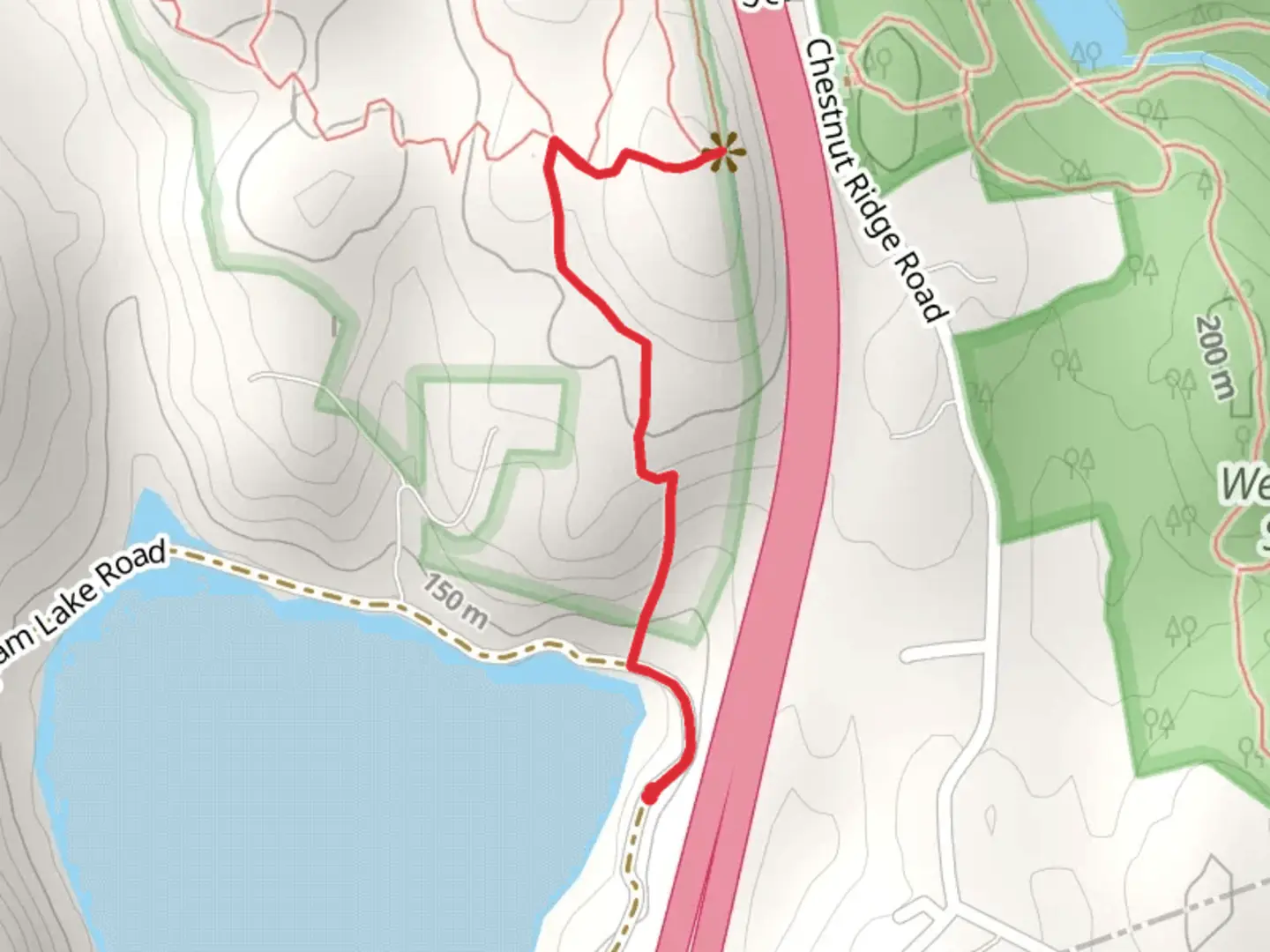 An image depicting the trail Lower Blue Trail from Byram Lake Reservoir and its surrounding area.