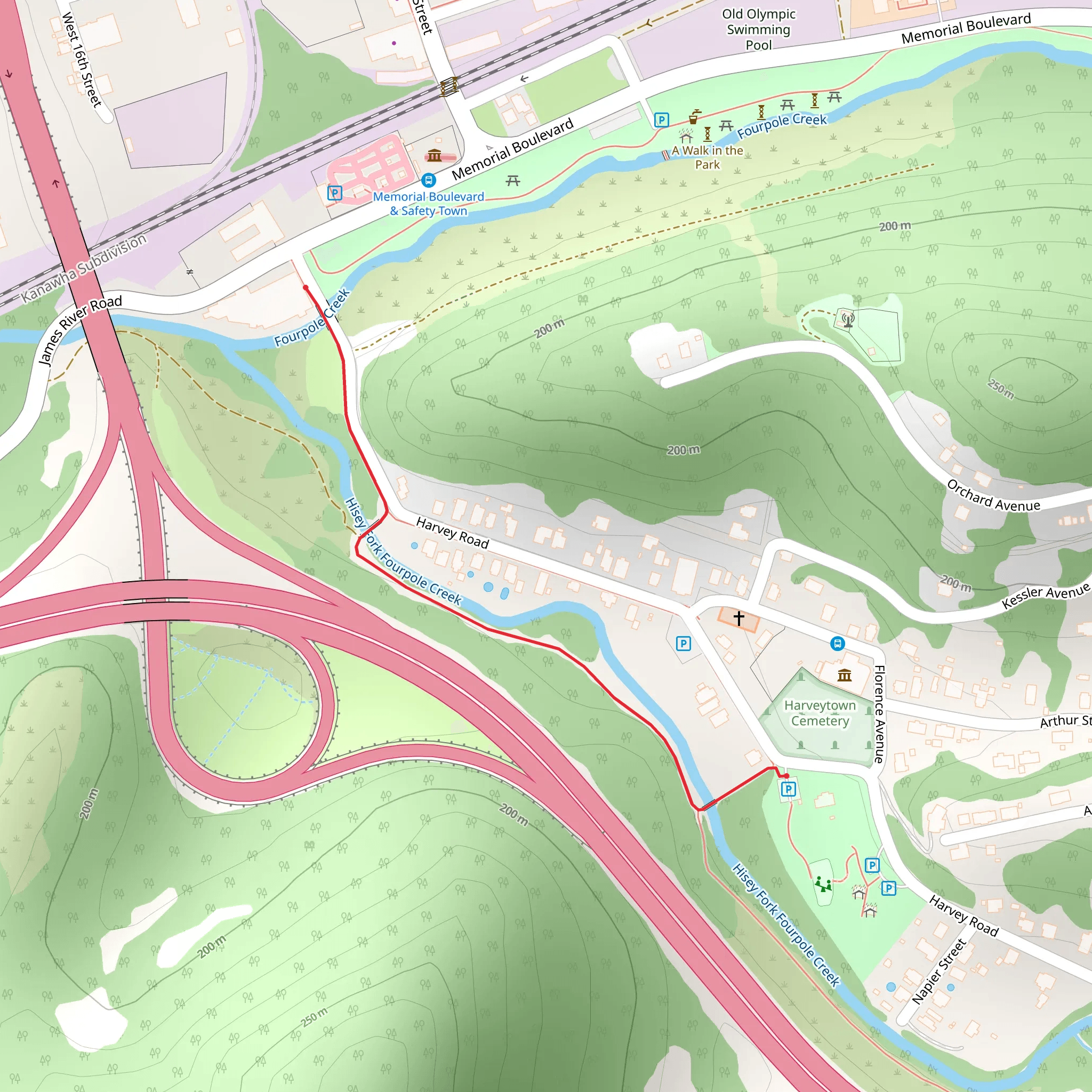Walk along Hisey Fork Fourpole Creek mobile static map