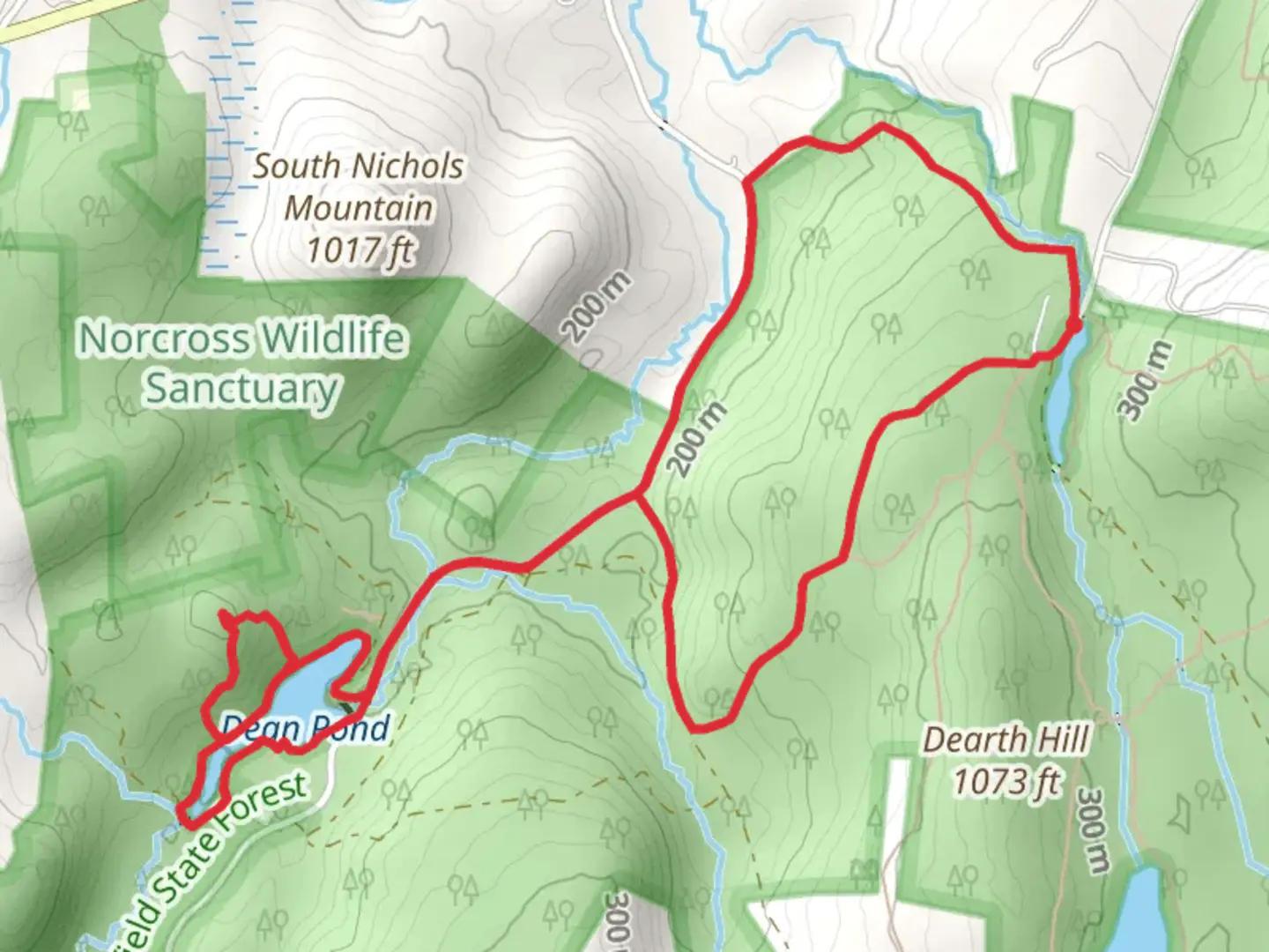 An image depicting the trail Dean Pond Loop via Dearth Hill Pond and its surrounding area.