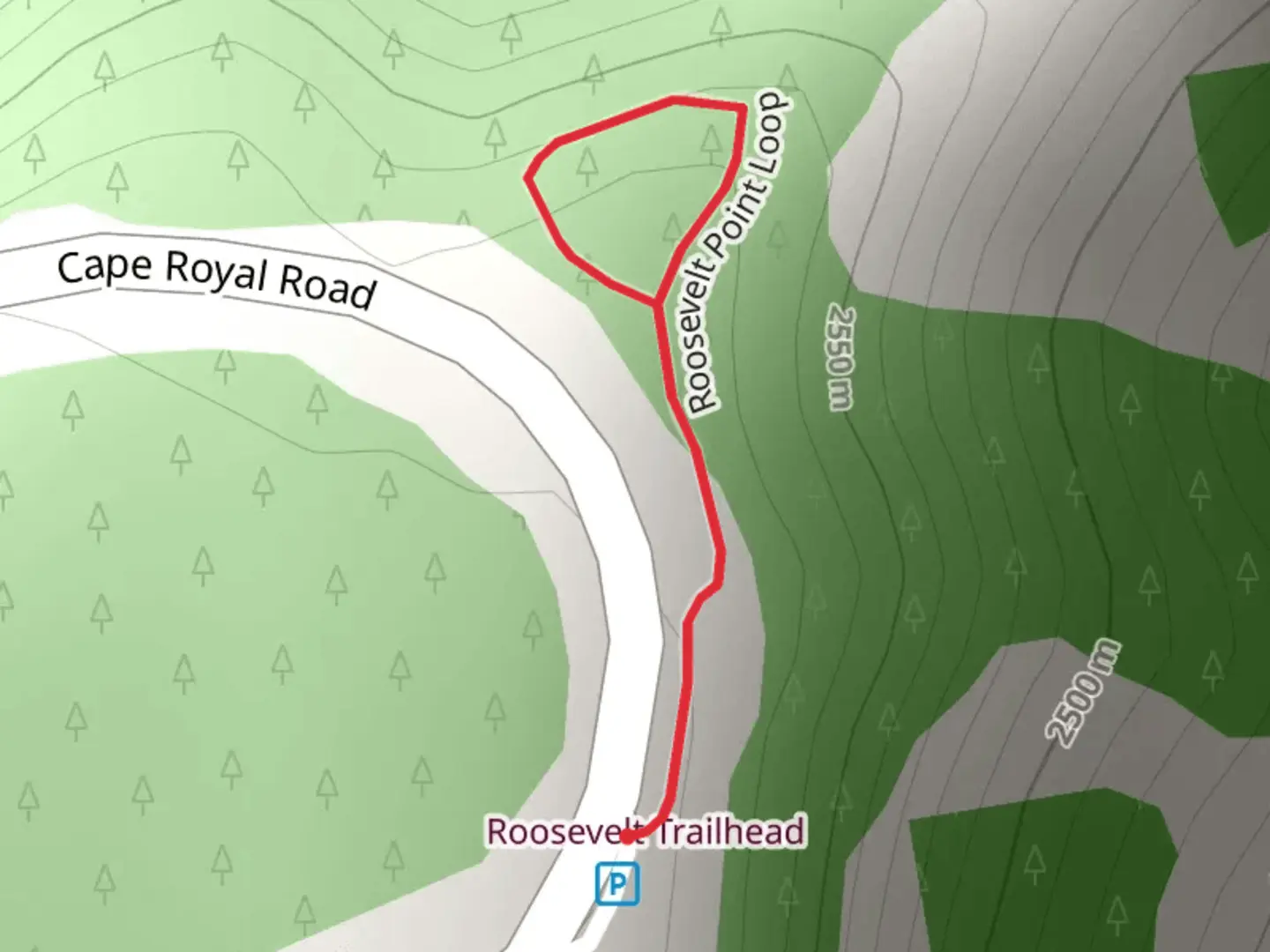 An image depicting the trail Roosevelt Point Loop and its surrounding area.