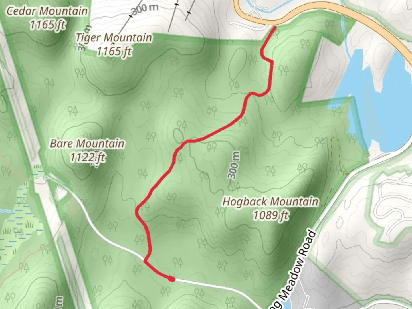 An image depicting the trail Hogback Mountain from Greenwood and its surrounding area.