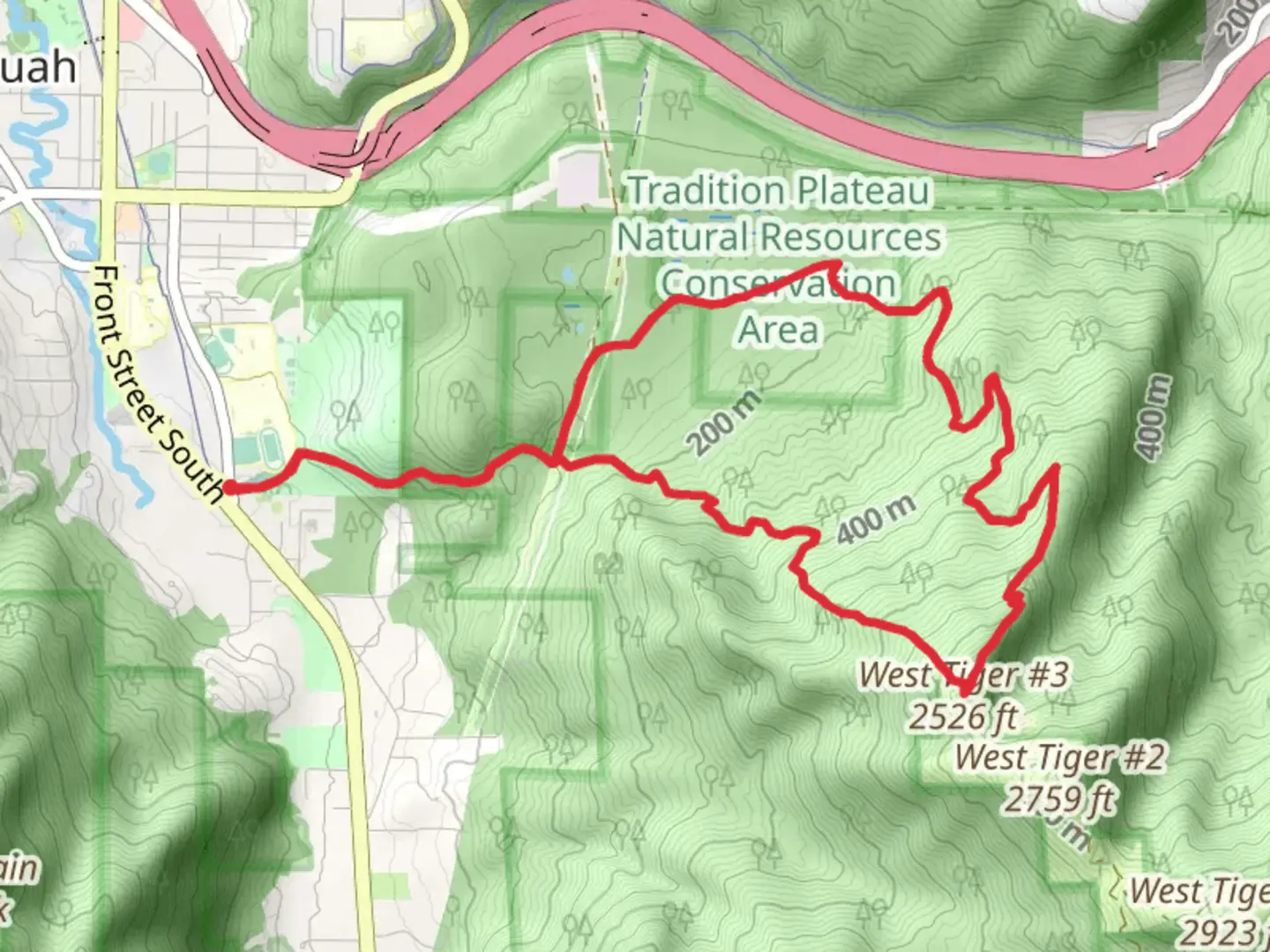 An image depicting the trail High School, Section Line and West Tiger 3 Loop Trail and its surrounding area.