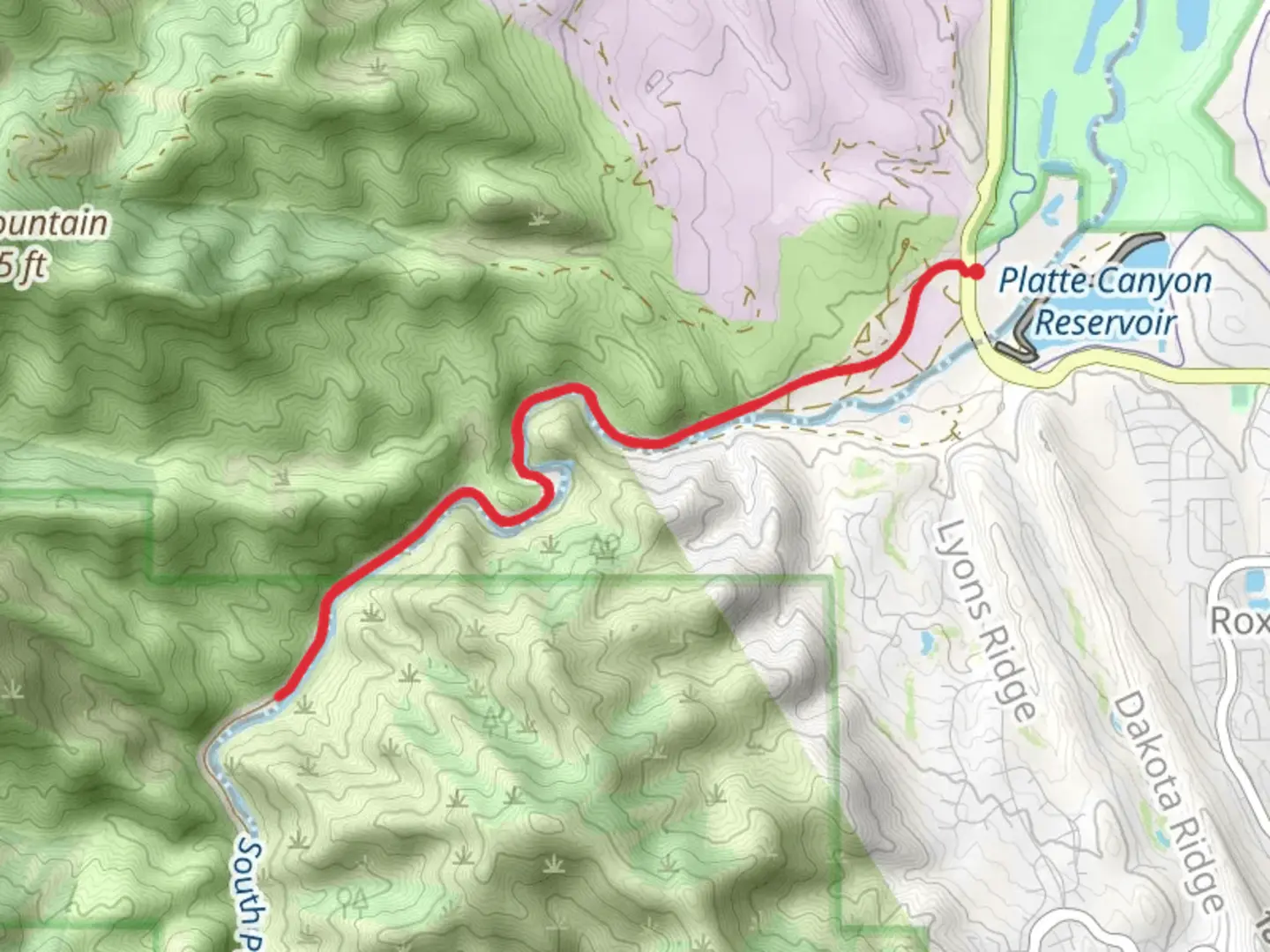 An image depicting the trail South Platte Canyon Road and its surrounding area.