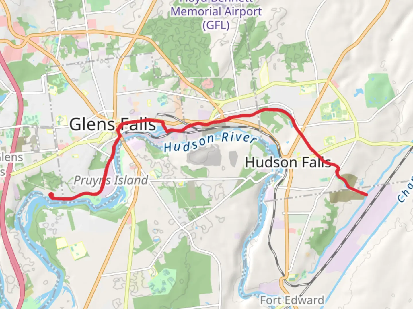 An image depicting the trail Glens Falls via Glens Falls Feeder Canal and its surrounding area.