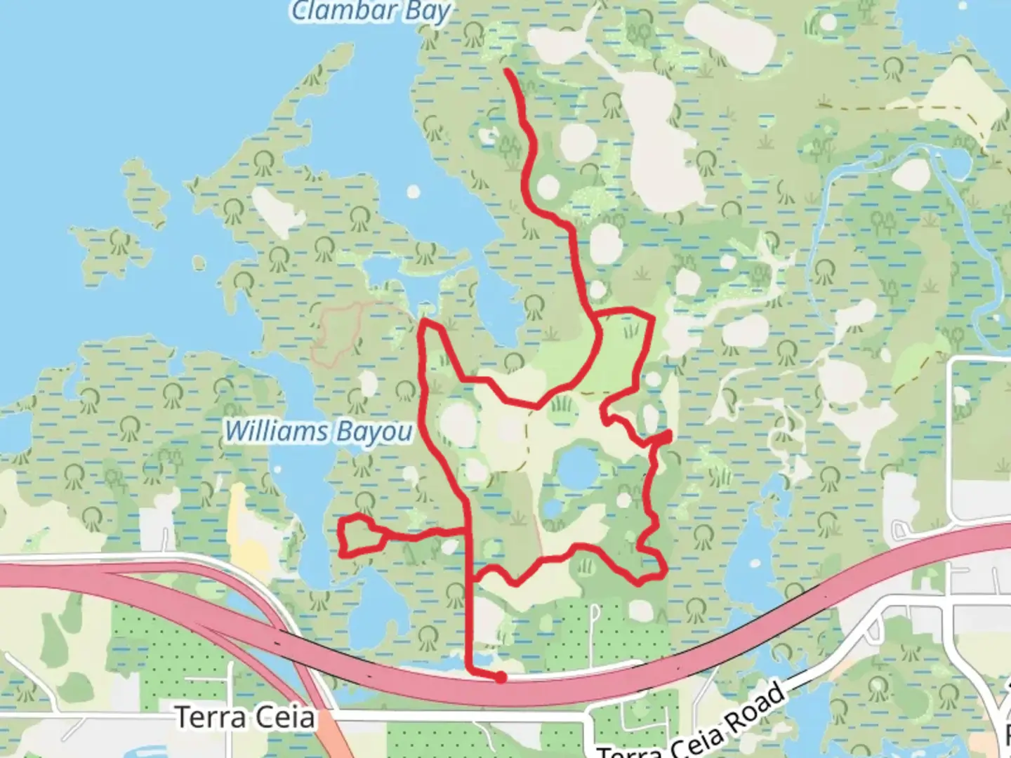 An image depicting the trail Williamd Bayou and Clambar Bay Loop and its surrounding area.