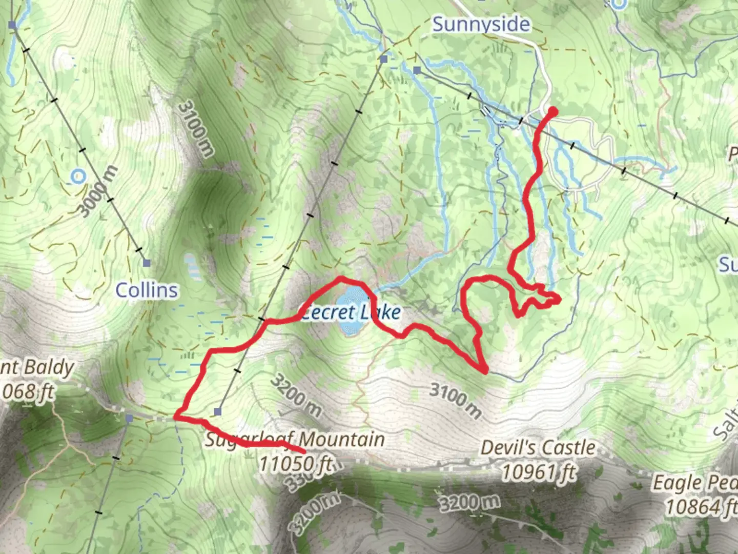 An image depicting the trail Cecret Lake and Sugarloaf Mountain via Sugarloaf Pass Trail and its surrounding area.